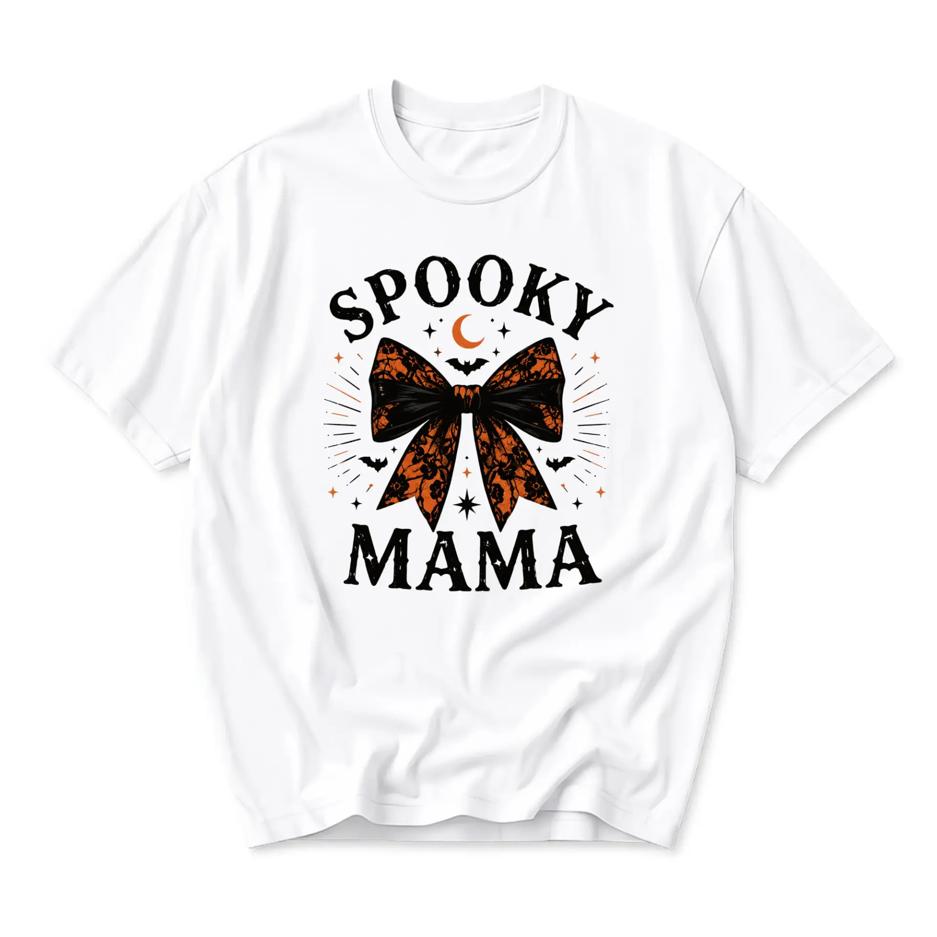 Graphic Tee Spooky Mama Halloween Bow Design Unisex Crew Neck Short Sleeve Shirt for Casual Fall Season Wear