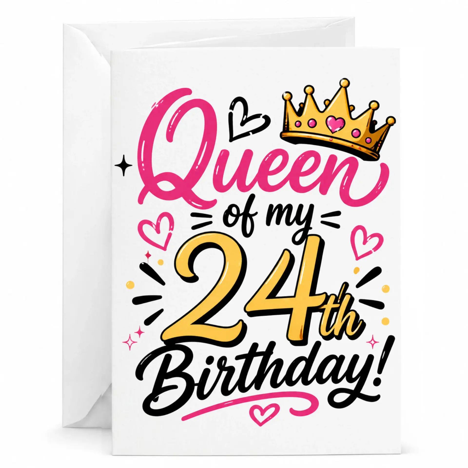 Greeting Card for 24th Birthday Queen Theme Elegant Gold Crown Illustration Printed Stationery for Special Celebration