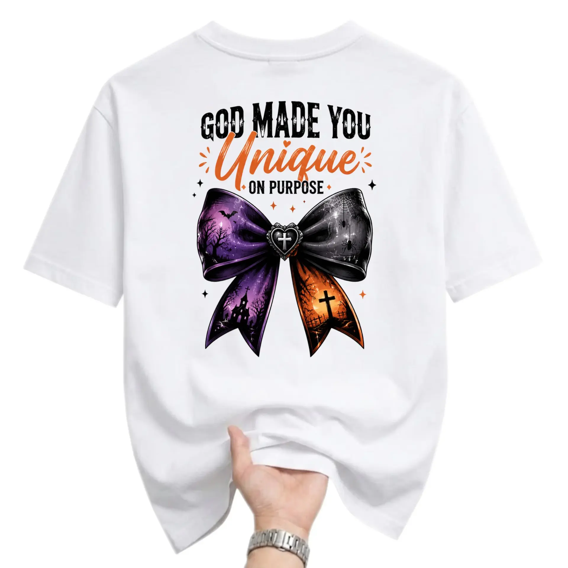Graphic Tee God Made You Unique on Purpose Religious Inspirational Aesthetic Bow Print Unisex Short Sleeve Shirt