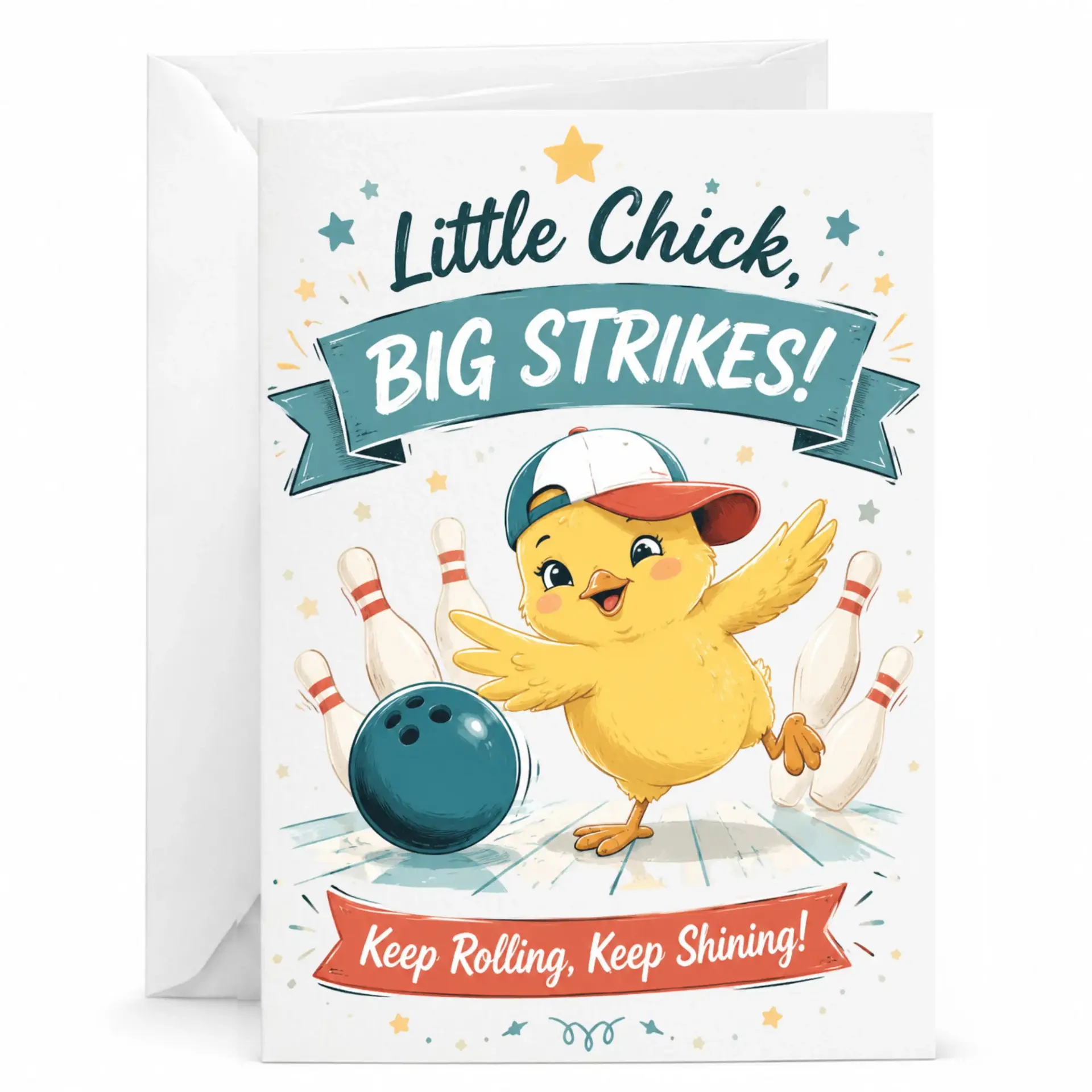 Funny Greeting Card Little Chick Big Strikes Bowling Theme Card for Birthdays and Celebrations with Matching Envelope