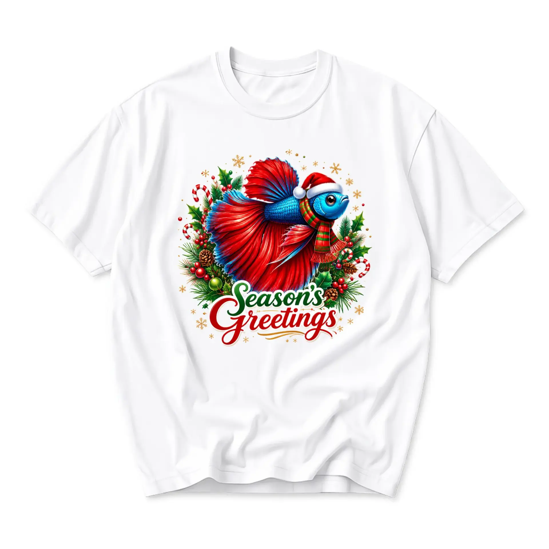 Graphic Tee Season Greetings Fish Christmas T-Shirt Unisex Crew Neck Holiday Apparel for Casual Wear