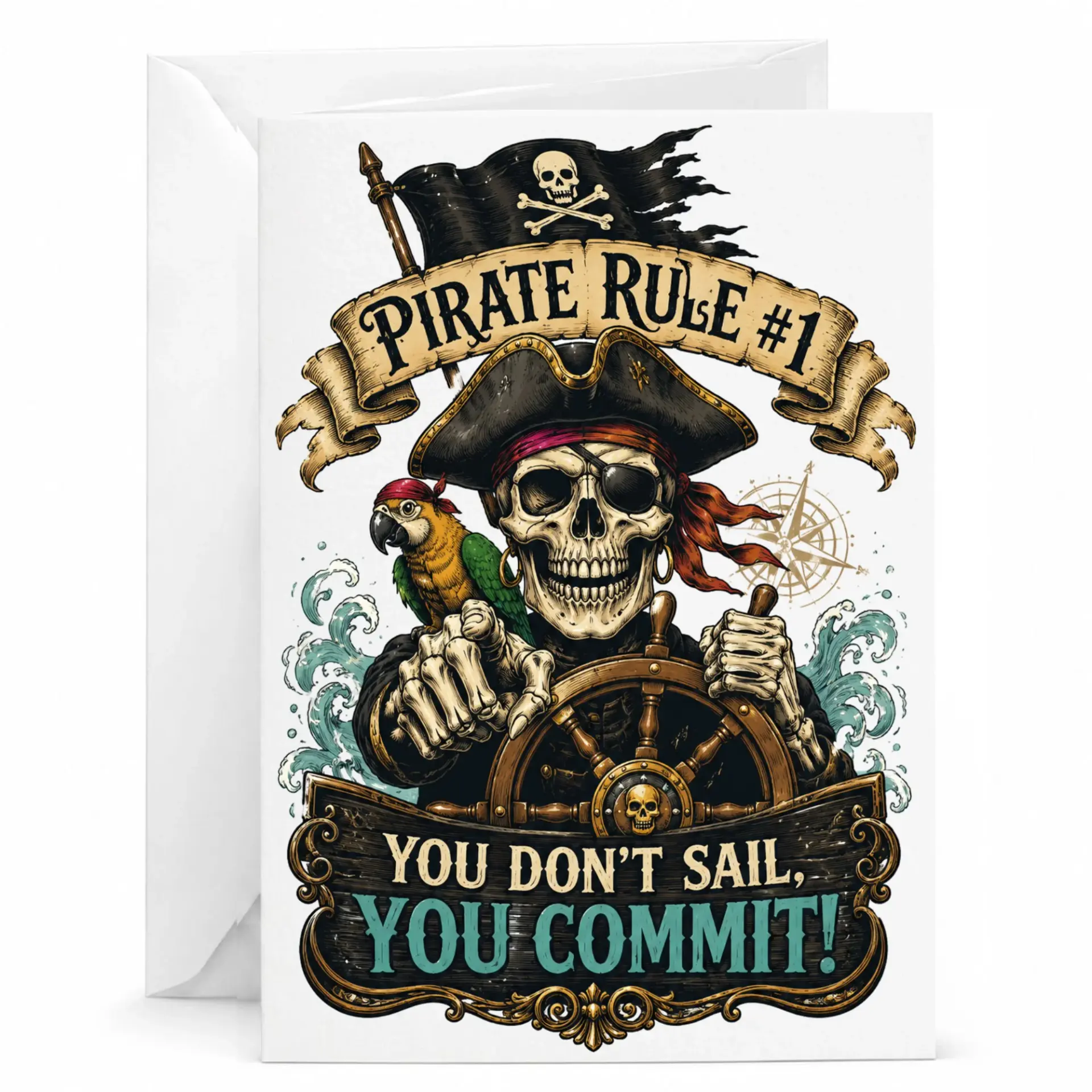 Funny Pirate Greeting Card with Envelope Skull and Parrot Nautical Theme Stationery for Birthdays