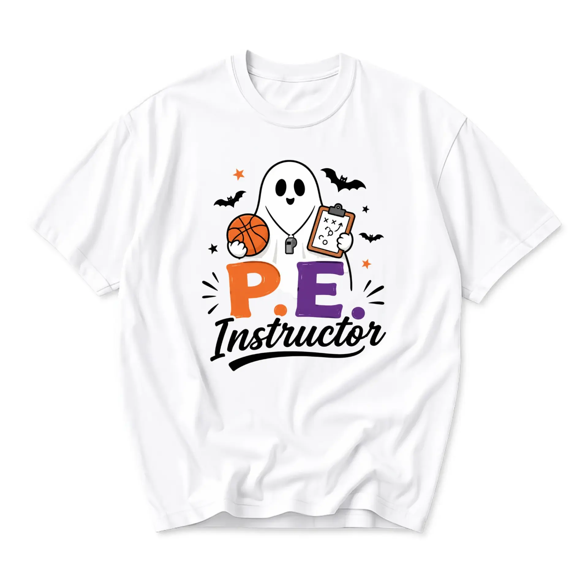 Funny Shirt Pe Instructor Ghost Graphic Tee Casual Unisex Crew Neck Print Top for Sports Fans and Autumn Holiday Season