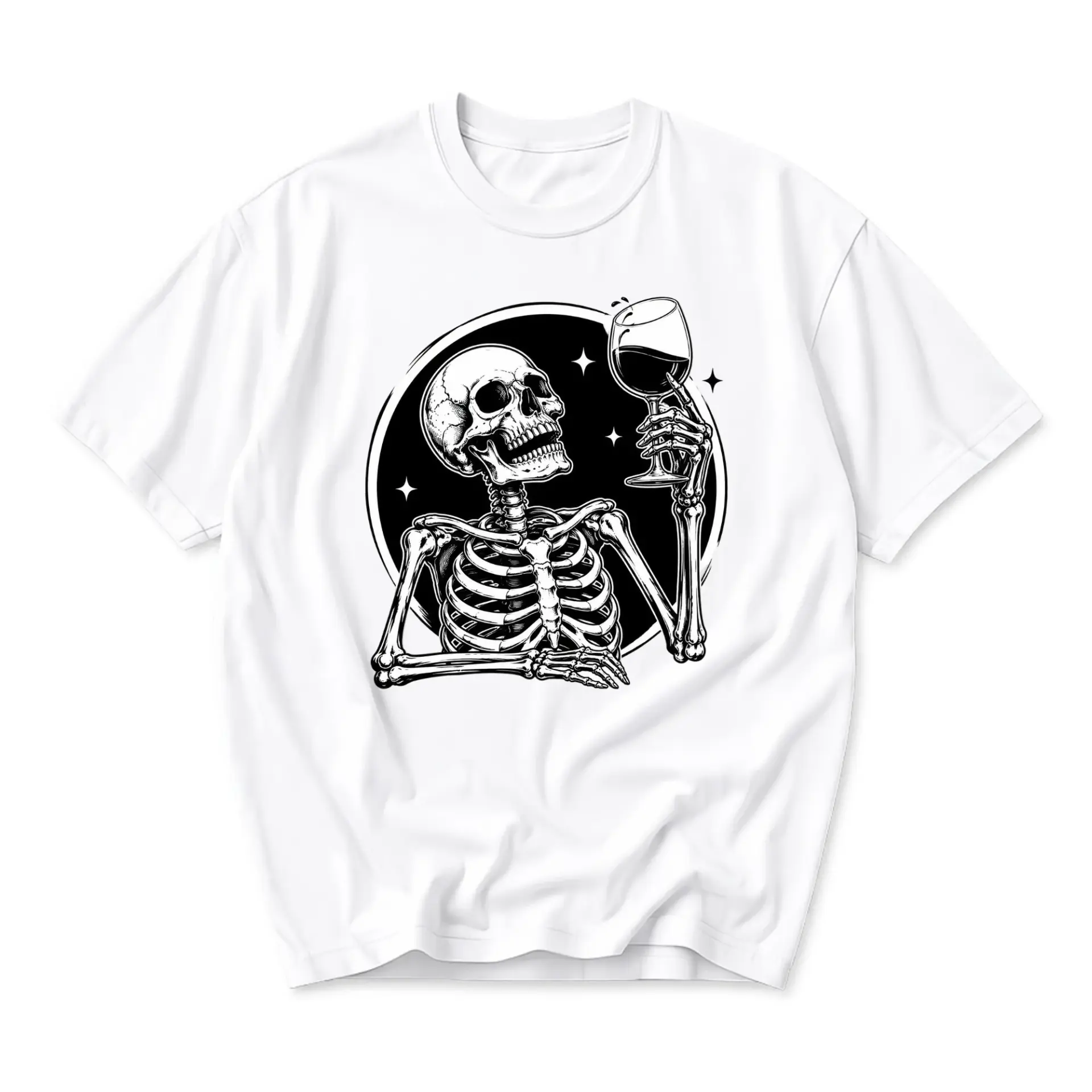 Graphic Tee Unisex Crew Neck T-Shirt Featuring Skeleton Drinking Wine Illustration for Casual Everyday Comfort Style