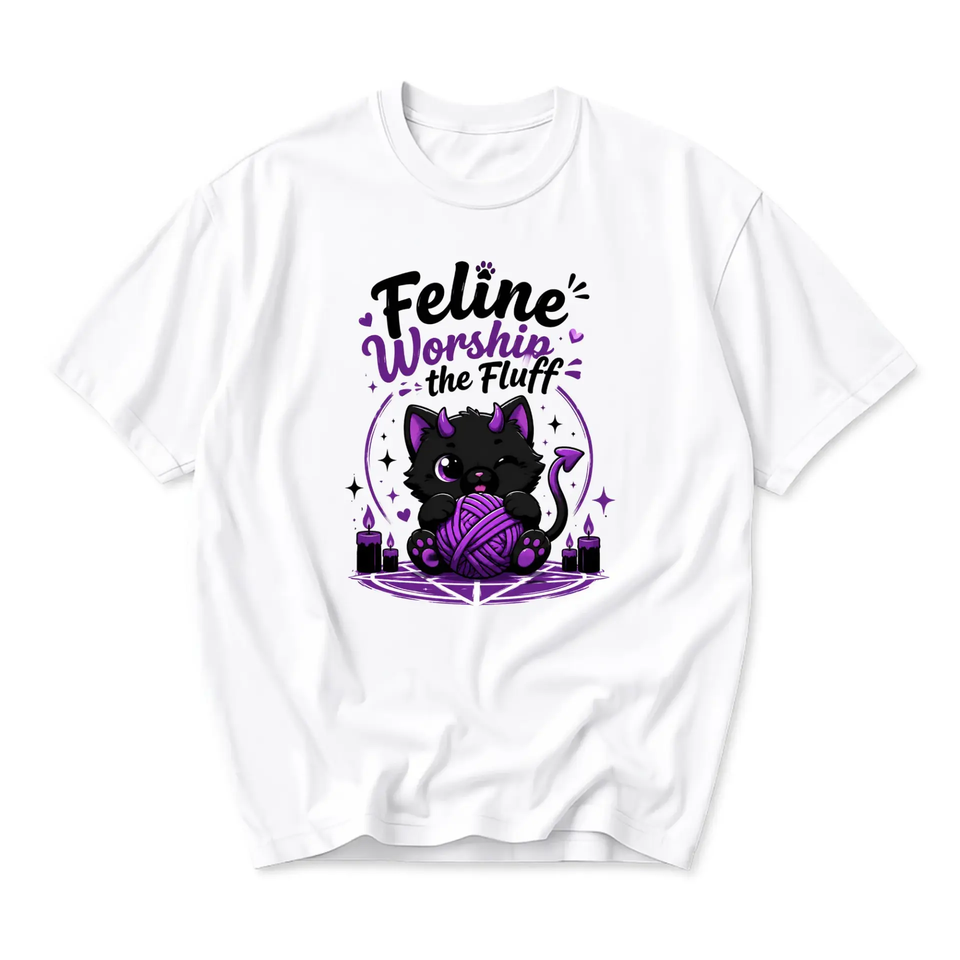 Graphic Tee Feline Worship the Fluff Cute Demon Cat Print Unisex Casual Crew Neck Comfortable Cotton Blend Shirt