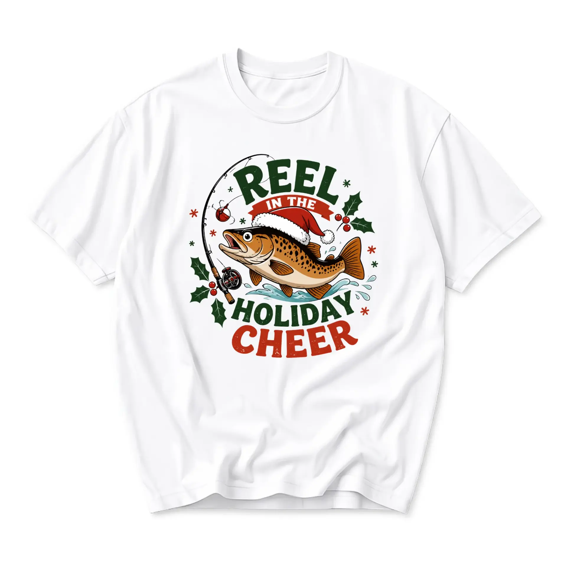 Funny Shirt Reel in the Holiday Cheer Graphic Tee Christmas Fishing Enthusiast Seasonal Cotton Crew Neck Apparel