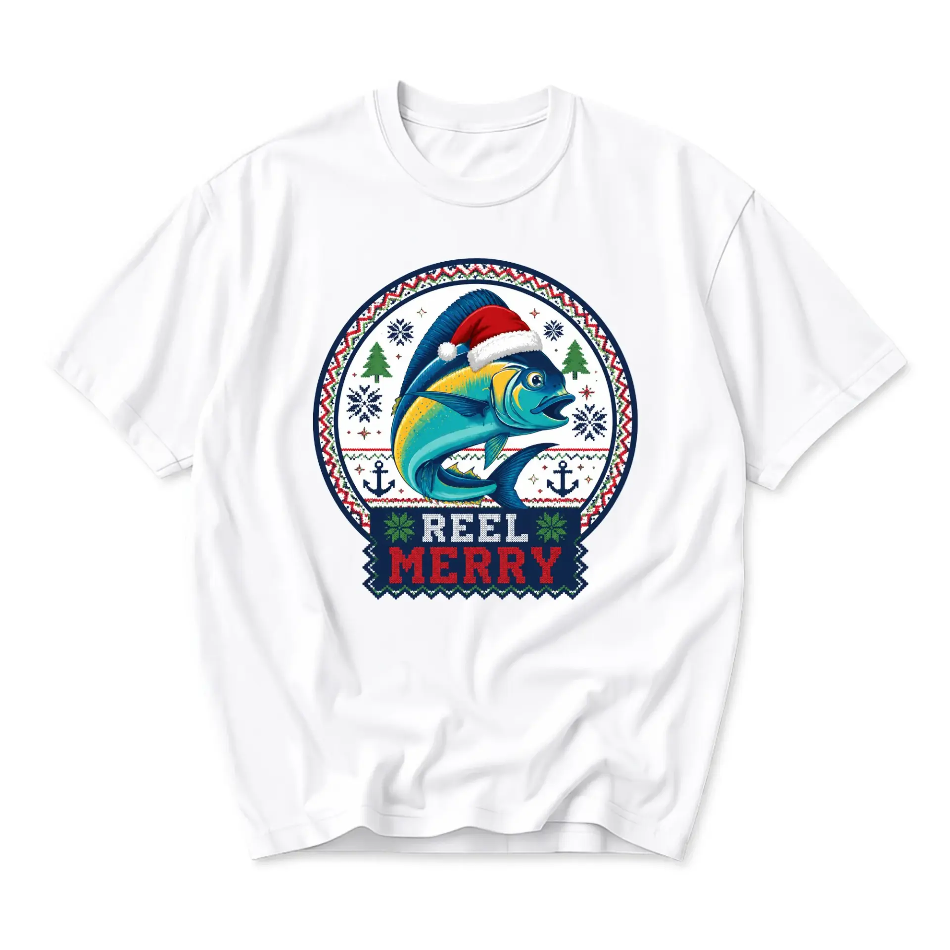 Graphic Tee Reel Merry Christmas Fishing Shirt Unisex Casual Cotton Blend Short Sleeve Crew Neck Holiday Top