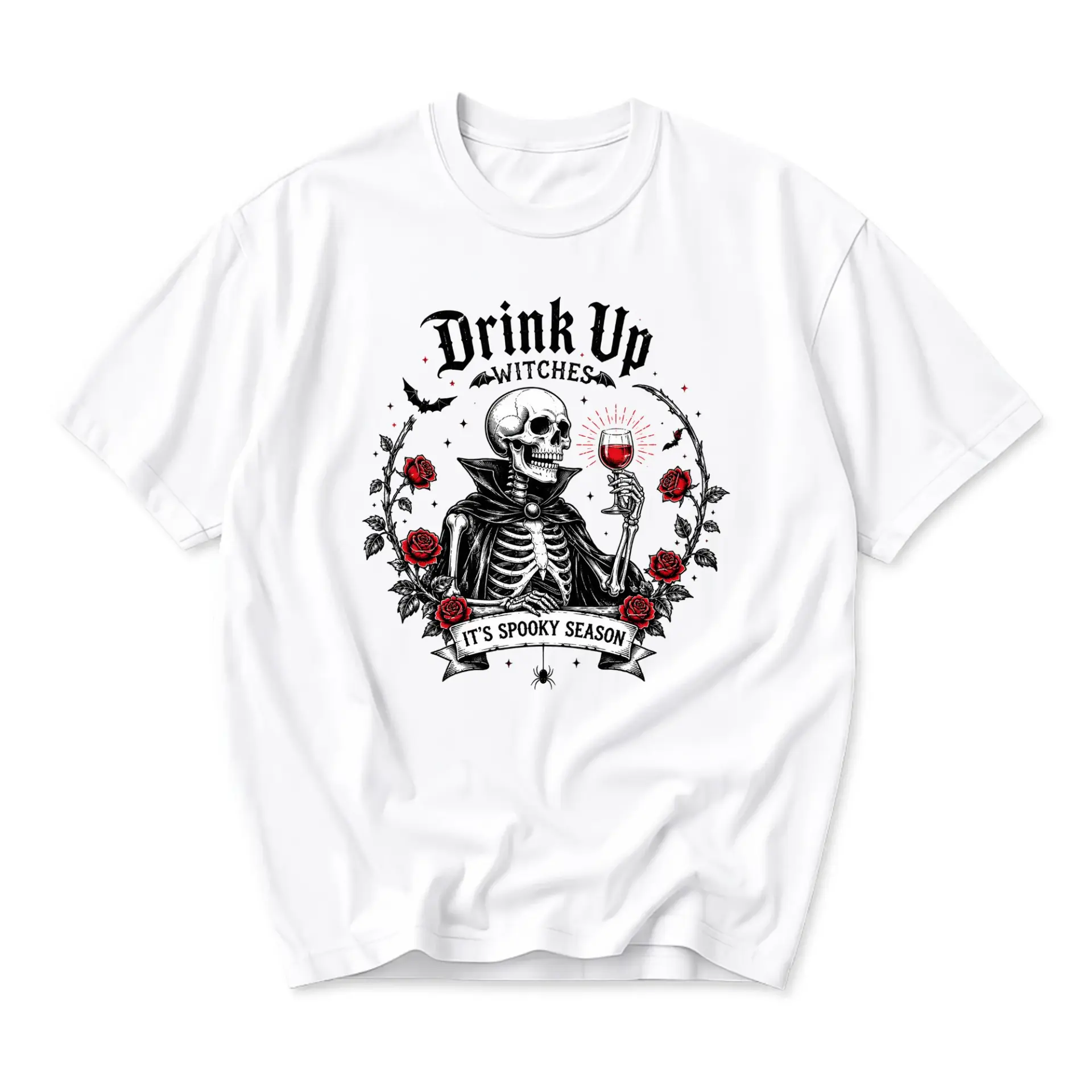Graphic Tee Drink up Witches Skeleton Wine Rose Print Unisex Crew Neck Casual Everyday Short Sleeve Cotton T-Shirt