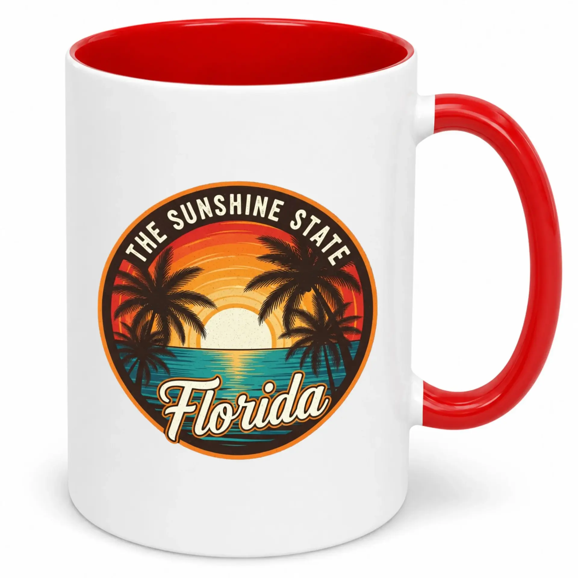 Florida the Sunshine State Coffee Mug with Tropical Sunset Palm Tree Design, White Ceramic Vacation Souvenir Drinkware for Home Office