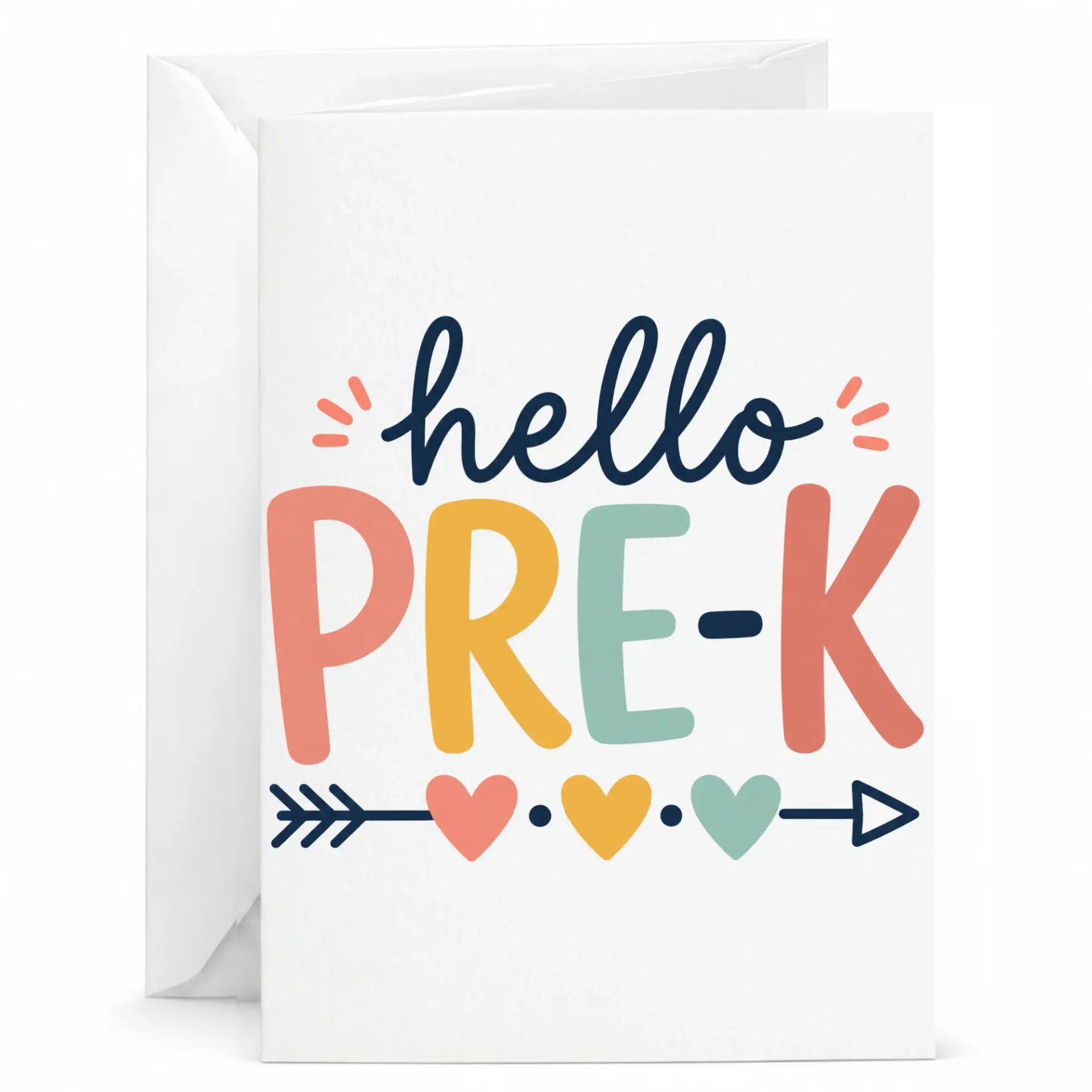 Greeting Card Hello Pre-K Colorful Heart and Graphic Design with Matching White Envelope for Encouragement