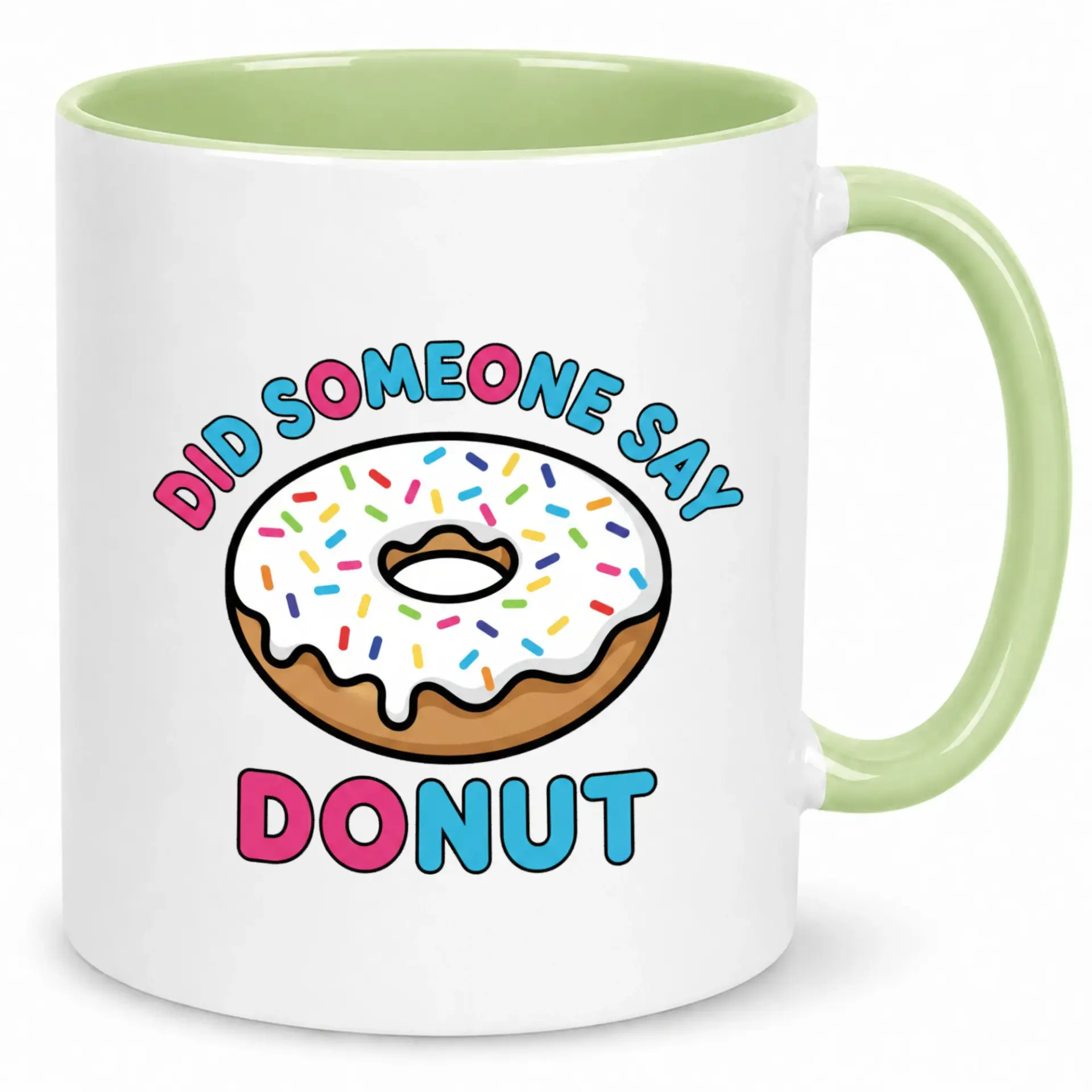Funny Donut Ceramic Coffee Mug "did Someone Say Donut" Cute Food Design, 11oz White Drinkware with Green Handle for Home & Office