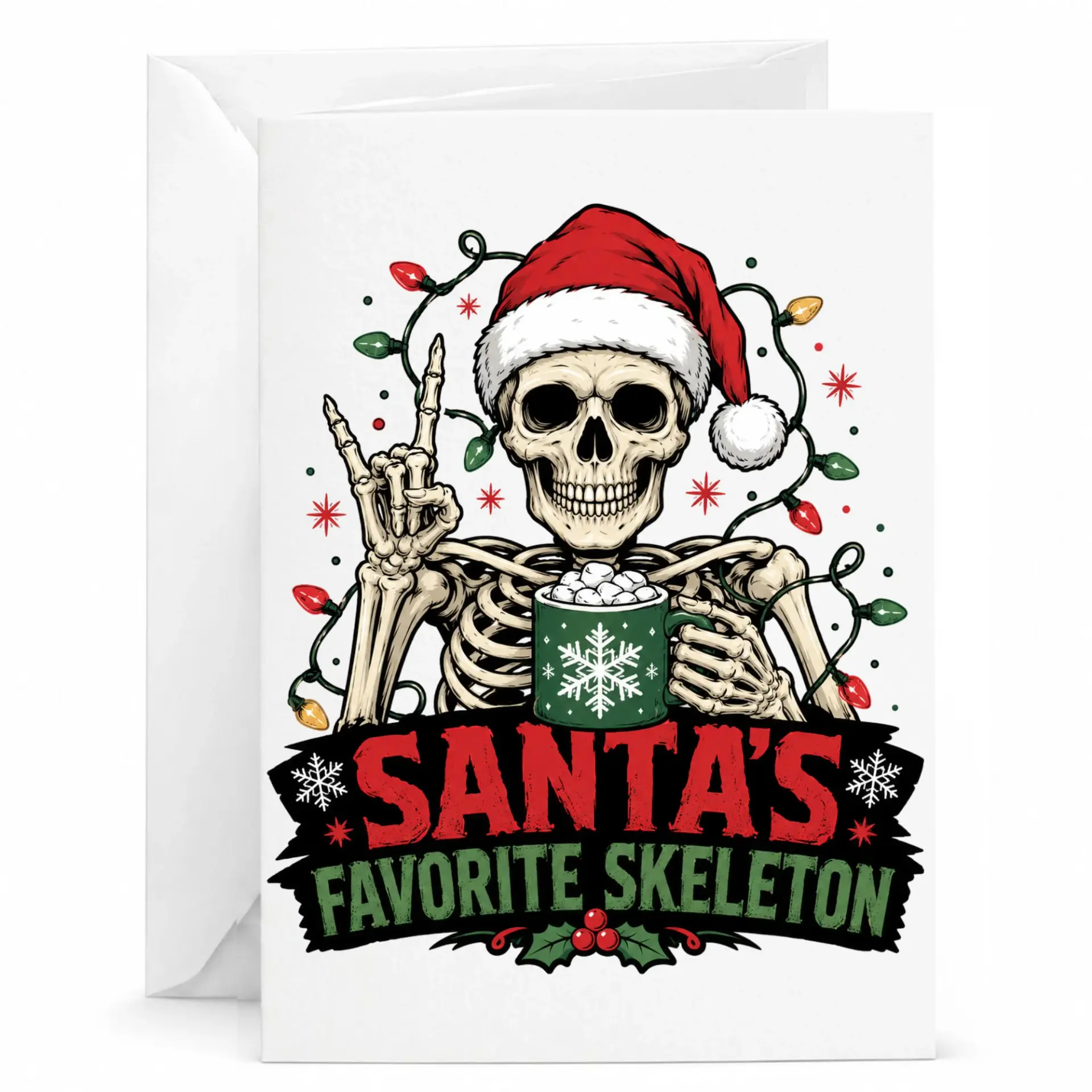 Funny Christmas Greeting Card Santa's Favorite Skeleton Holiday Note Festive Seasonal Illustration with Cocoa Mug