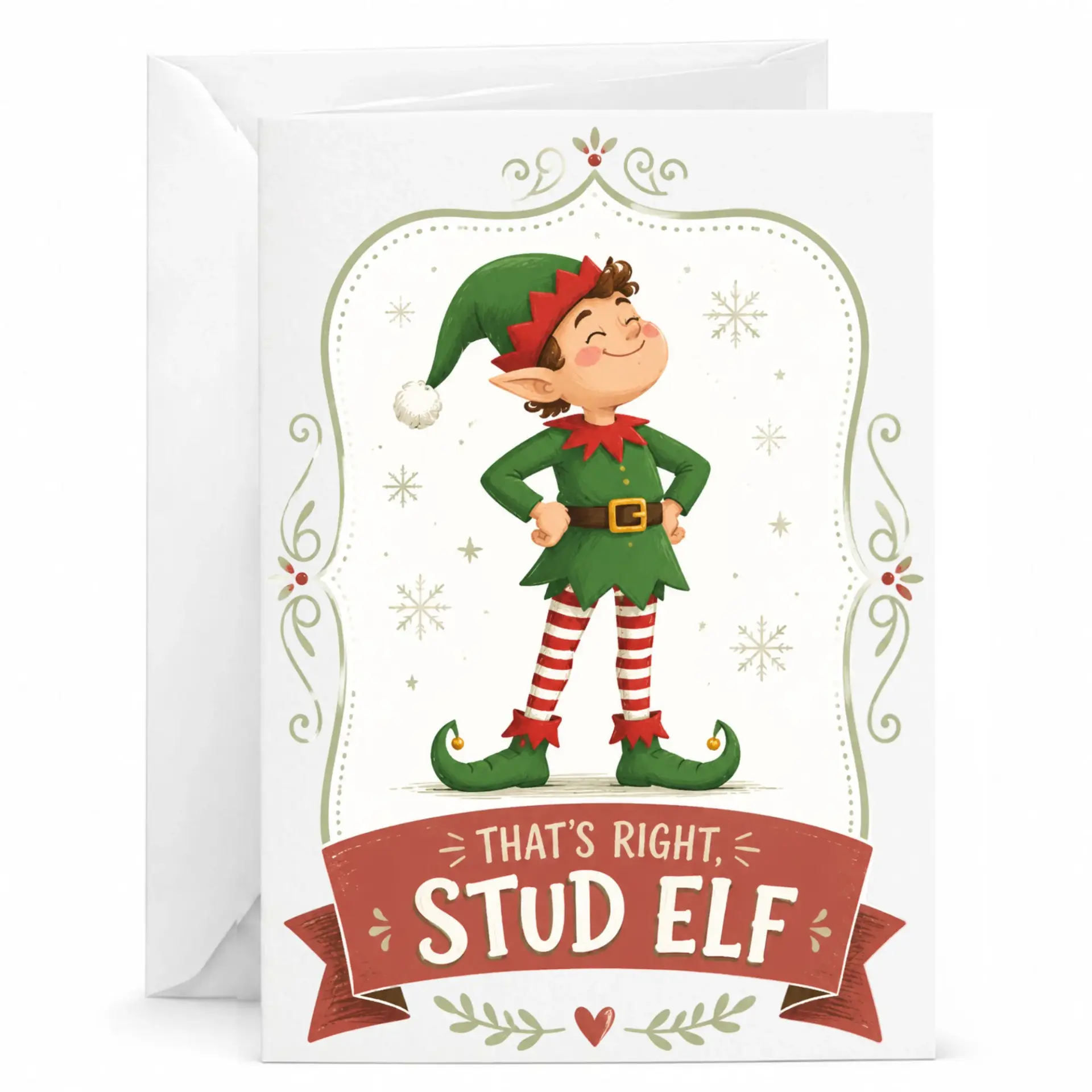 Funny Greeting Card Stud Elf Holiday Humor Note Card for Friends and Family with Matching White Envelope 5x7 Inches
