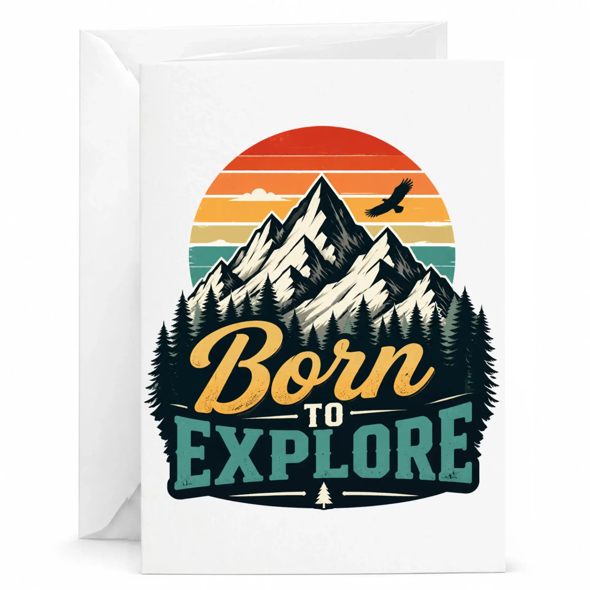 Greeting Card Born to Explore Mountain Adventure Design Professional Heavyweight Cardstock with Matching White Envelope