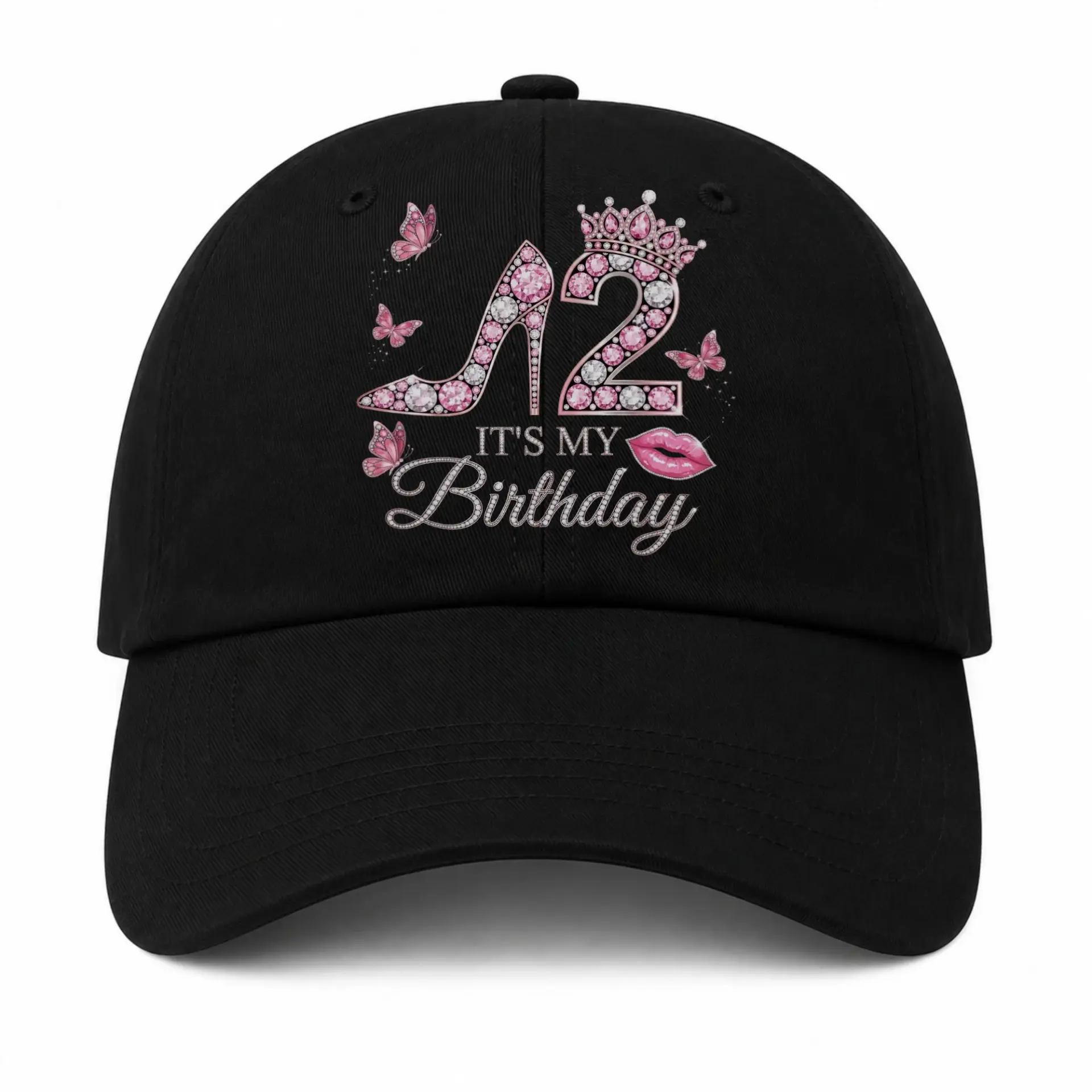 Baseball Cap Featuring Jeweled High Heel Shoe Crown Butterflies and Lips