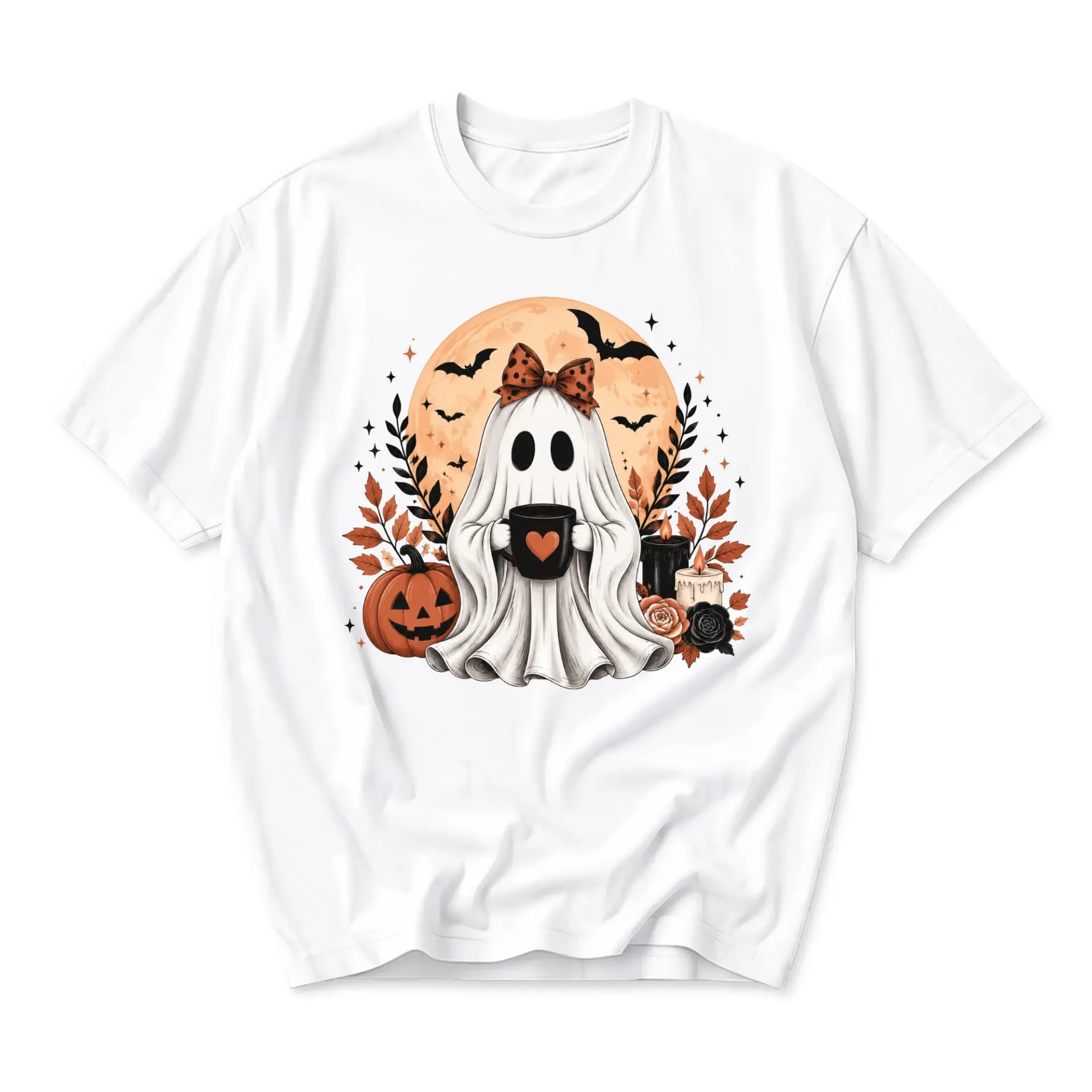 Funny Shirt Cute Ghost Holding Coffee Cup Graphic Tee Autumn Halloween Aesthetic Unisex Crew Neck Casual Cotton Top