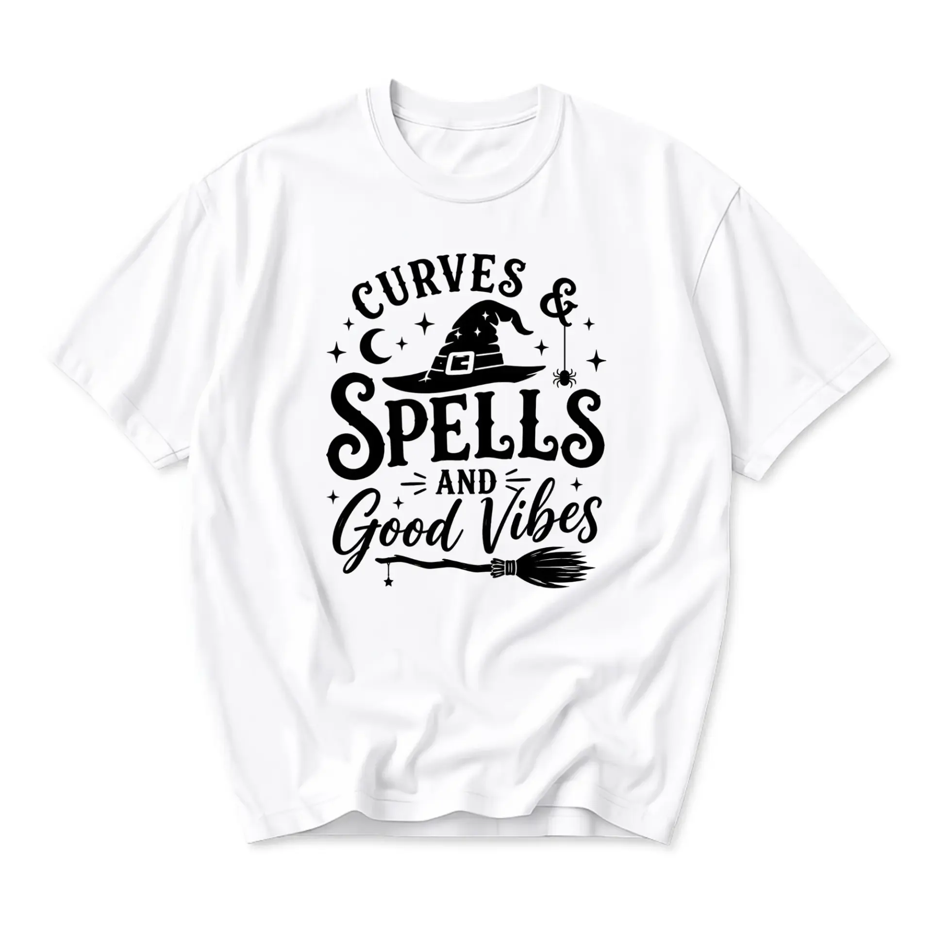 Funny Shirt Curves Spells and Good Vibes Witch Hat Graphic Tee Casual Short Sleeve Cotton Blend Crew Neck Apparel