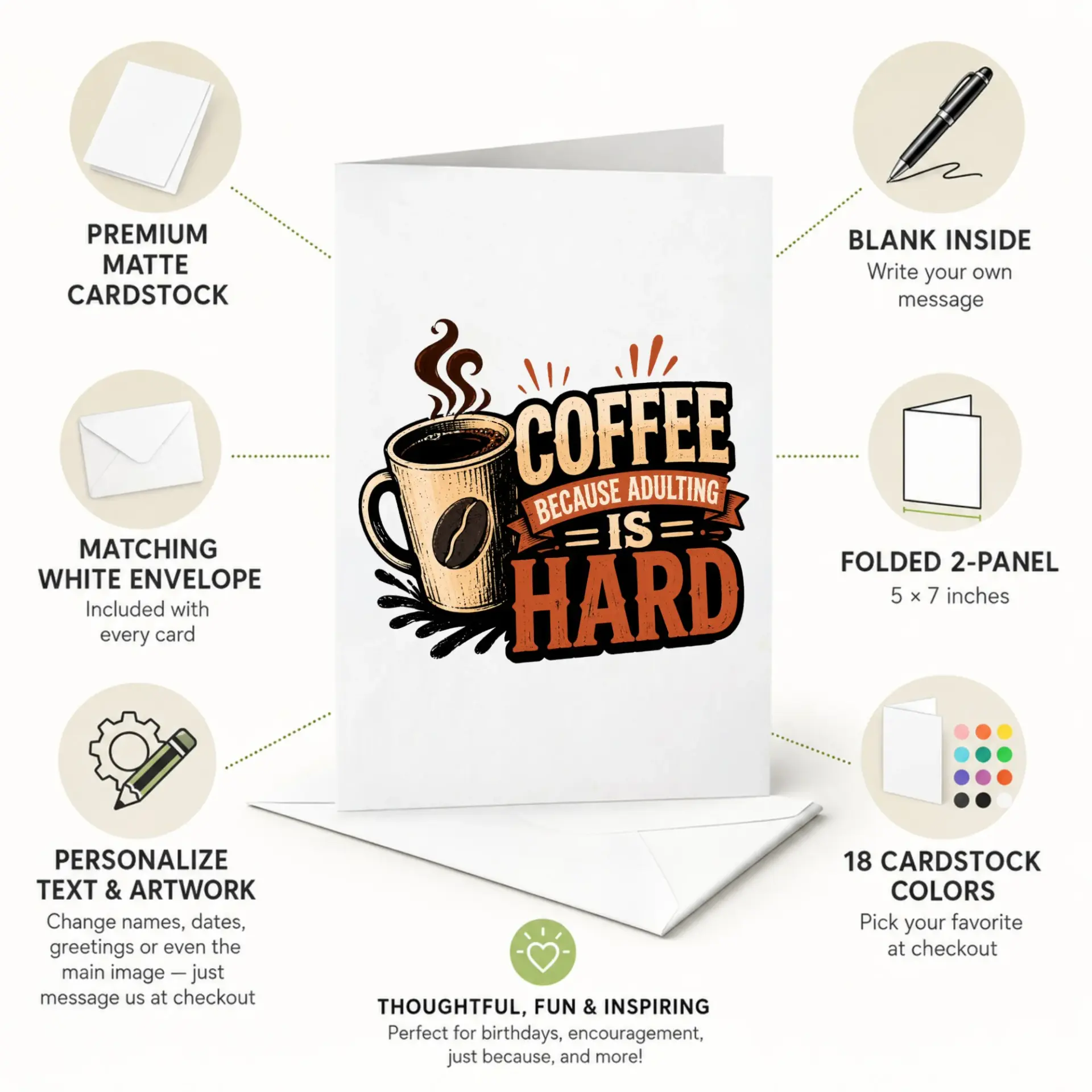 Funny Coffee Greeting Card Because Adulting Is Hard Humorous Caffeine Lovers Design 5x7 Folded Note with White Envelope