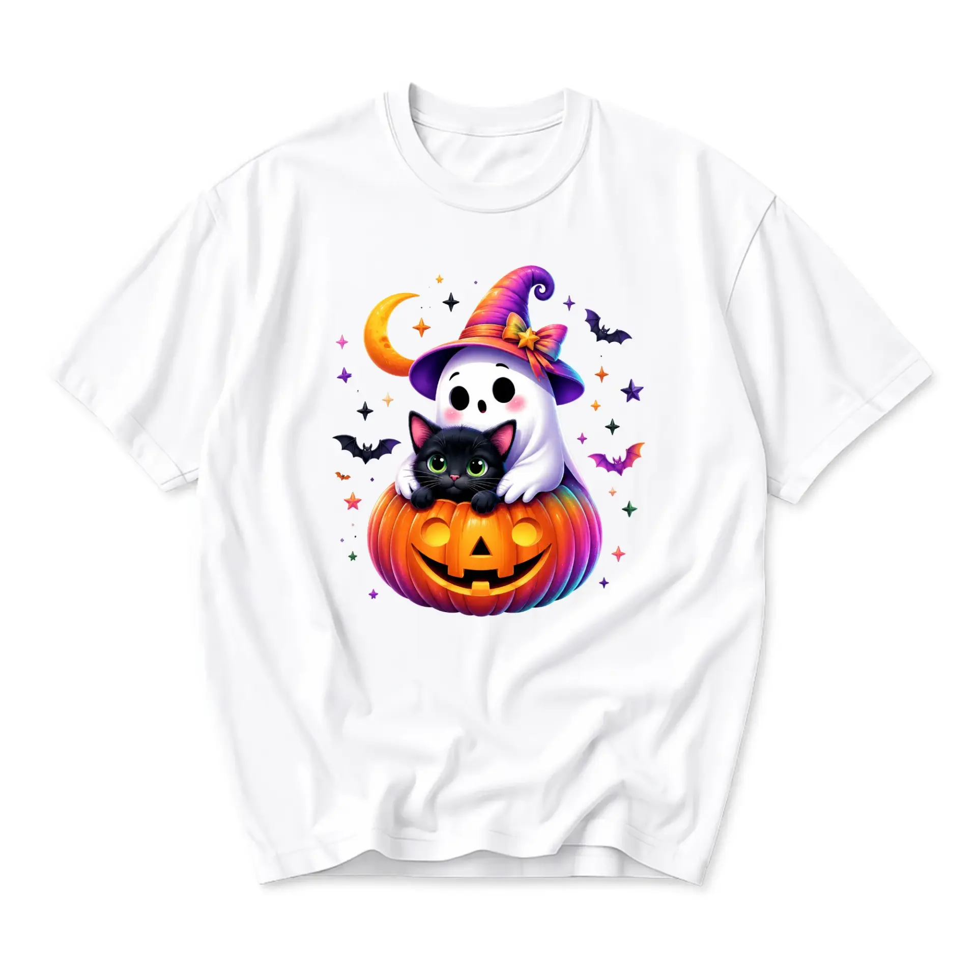 Graphic Tee Unisex Halloween Shirt Featuring a Cute Ghost and Black Cat Inside a Vibrant Pumpkin Patch Print