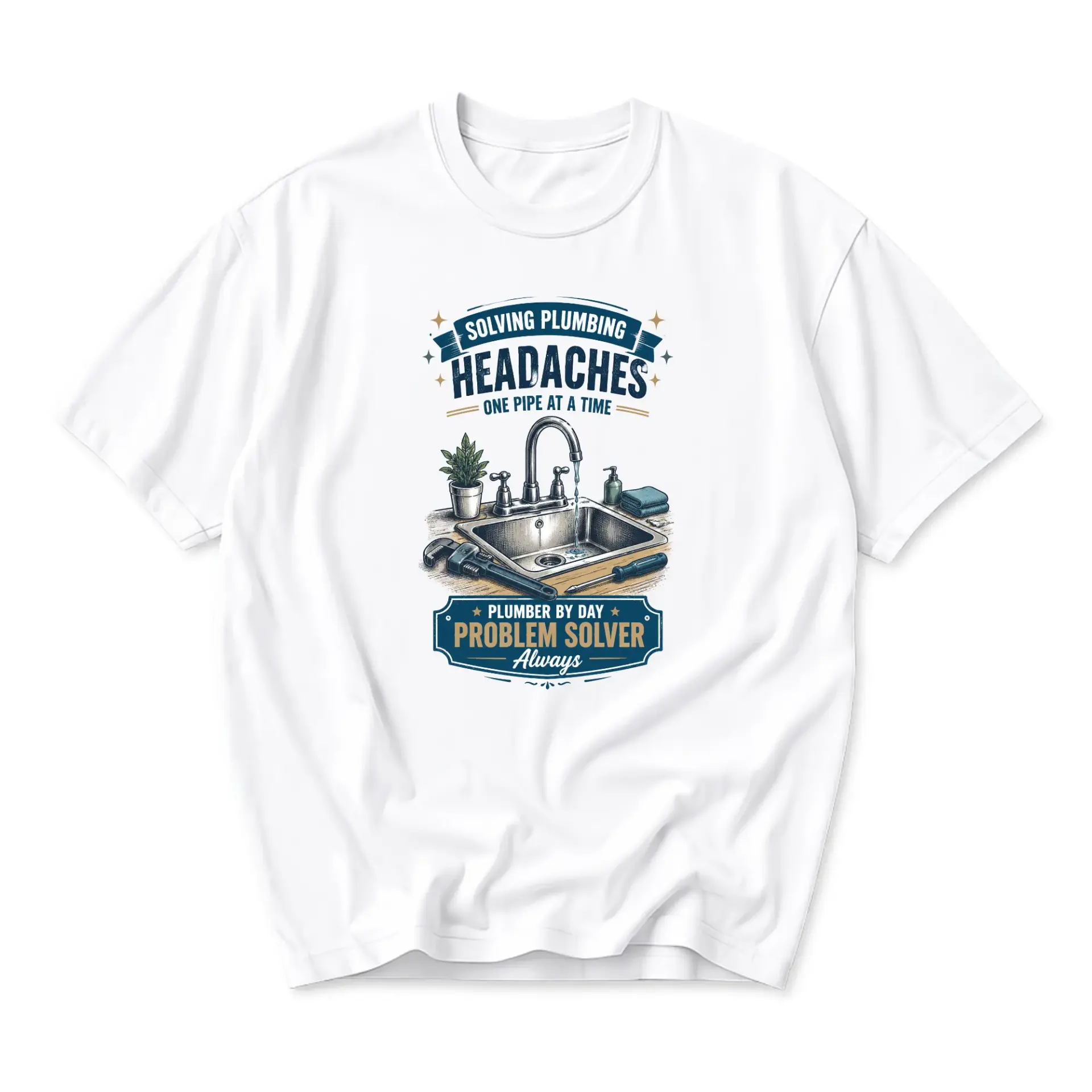 Funny Shirt Solving Plumbing Headaches One Pipe at a Time Graphic Tee for Plumbers and Repair Professionals