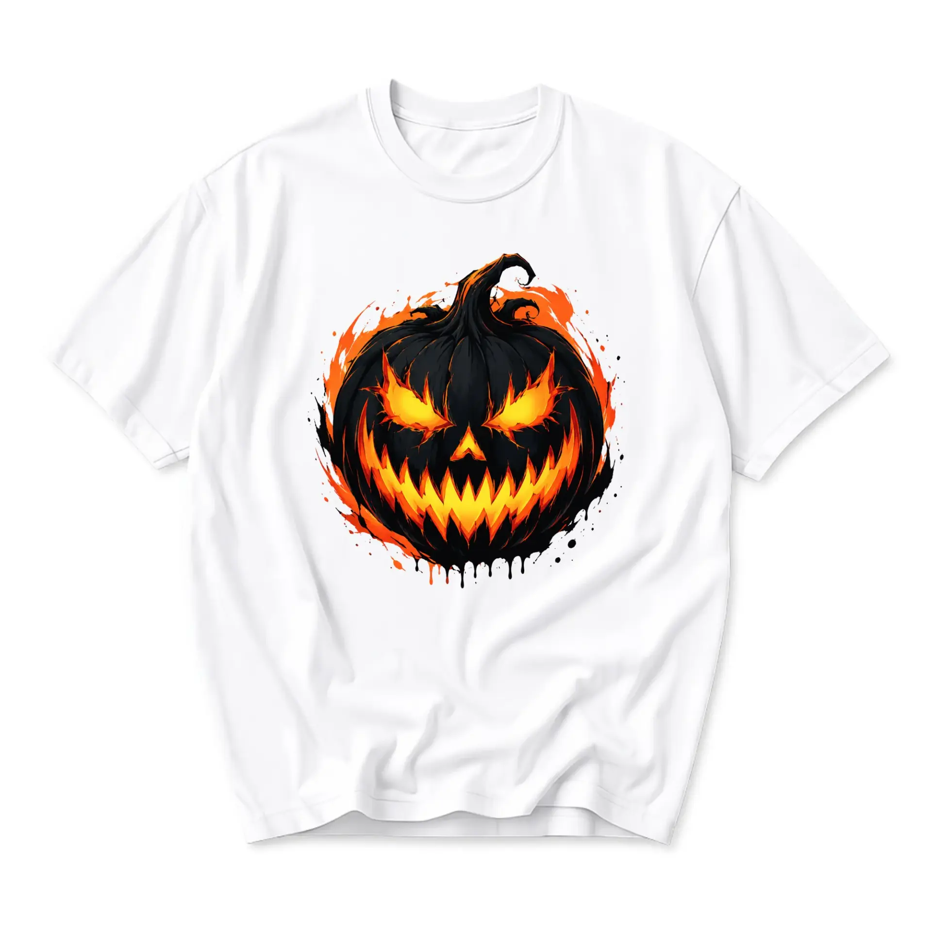 Graphic Tee Unisex Halloween Pumpkin Shirt with Flaming Jack O Lantern Print Casual Crew Neck Cotton Apparel for Autumn
