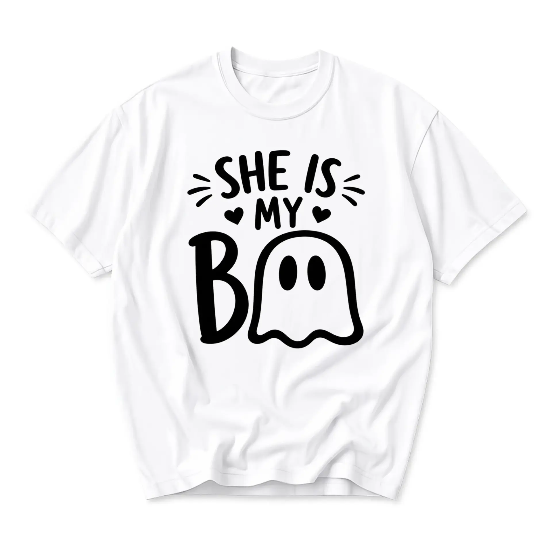 Funny Shirt She Is My Boo Ghost Graphic Print Unisex Casual Crew Neck T-Shirt for Everyday Wear and Seasonal Outfits