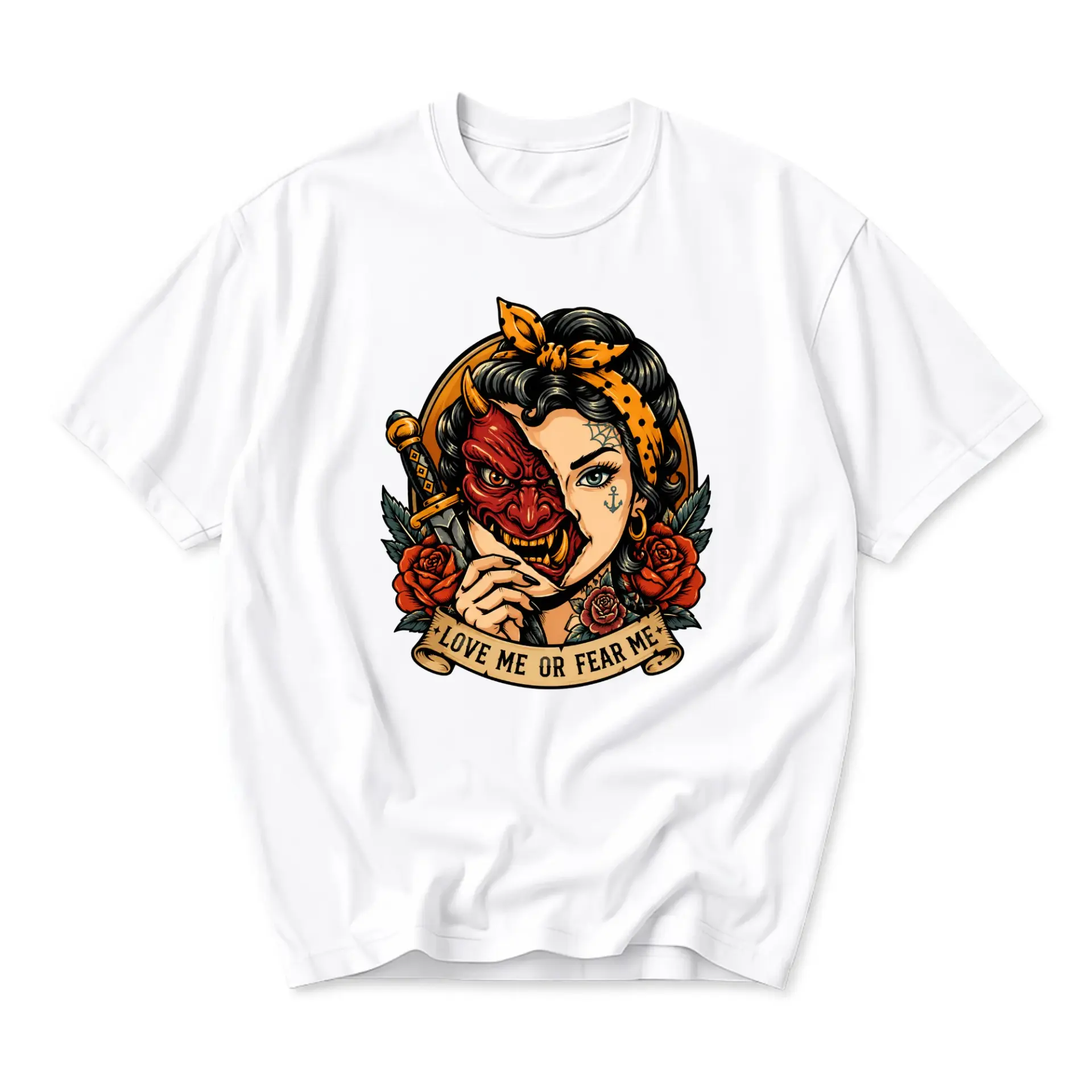 Graphic Tee Unisex Crew Neck T-Shirt Featuring Traditional Tattoo Style Oni Mask and Woman Illustration Art Design