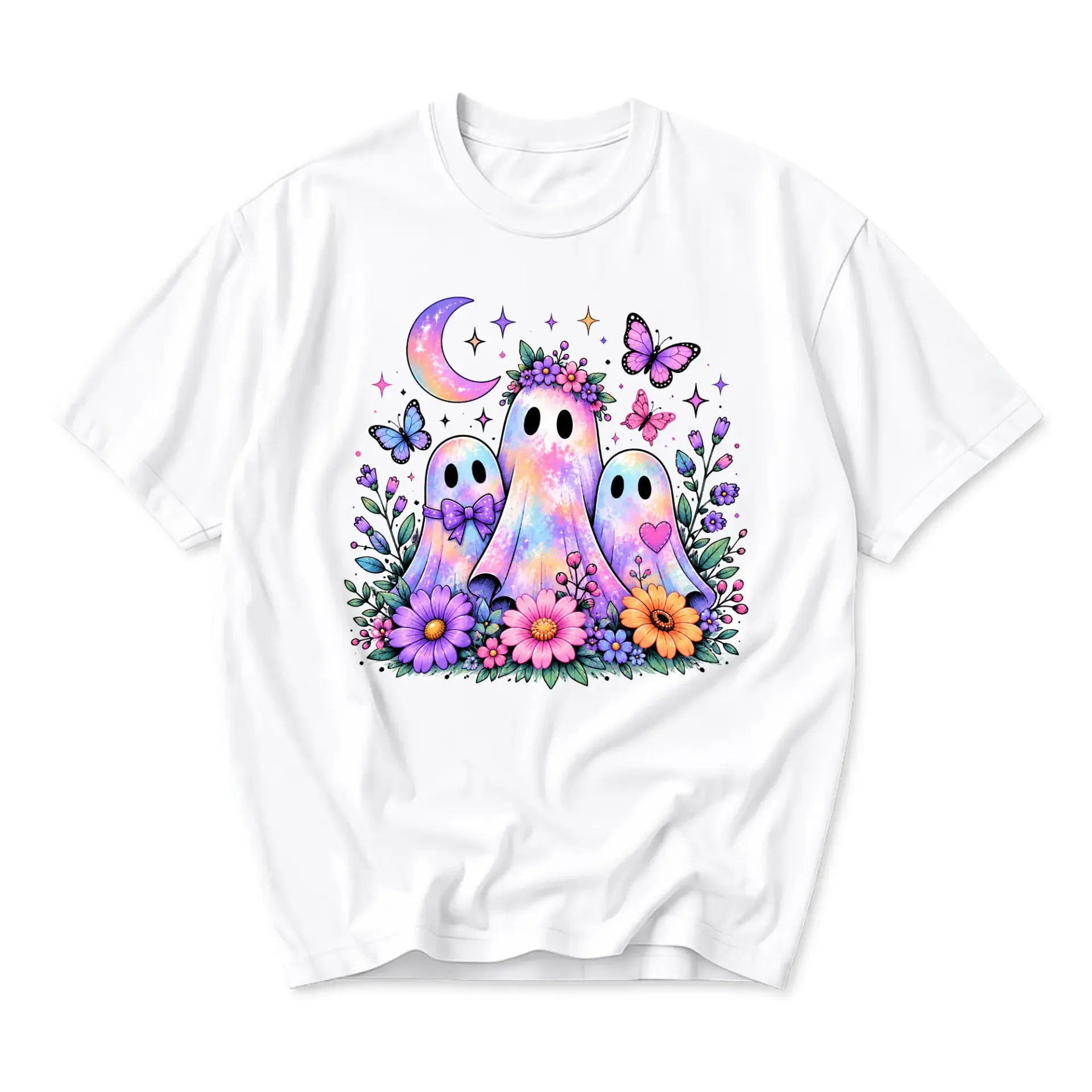 Graphic Tee Unisex Casual Crew Neck T-Shirt Featuring Whimsical Pastel Ghost Friends with Floral Butterfly Design