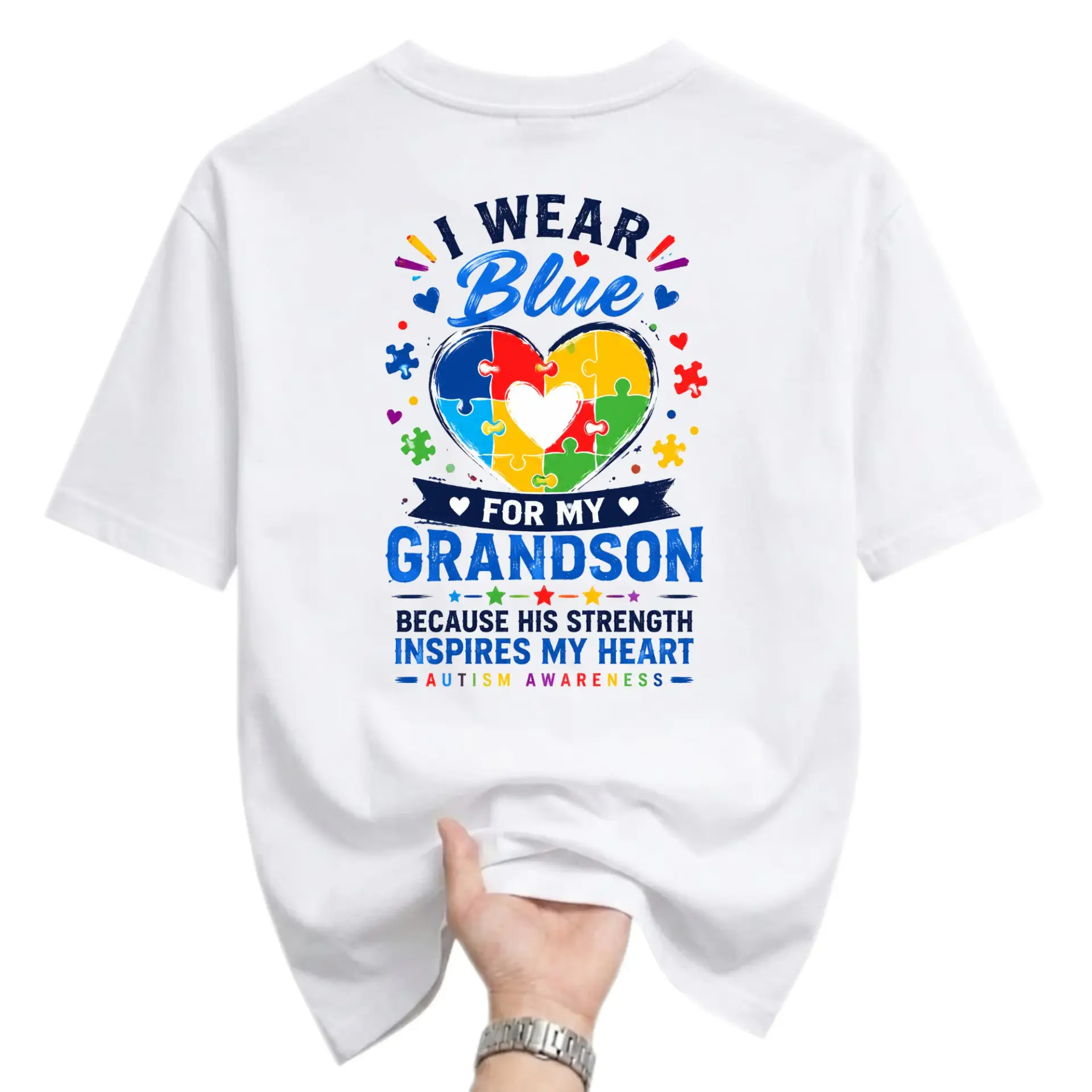 T-shirt Graphic Tee I for My Grandson Autism Awareness Heart Puzzle Piece