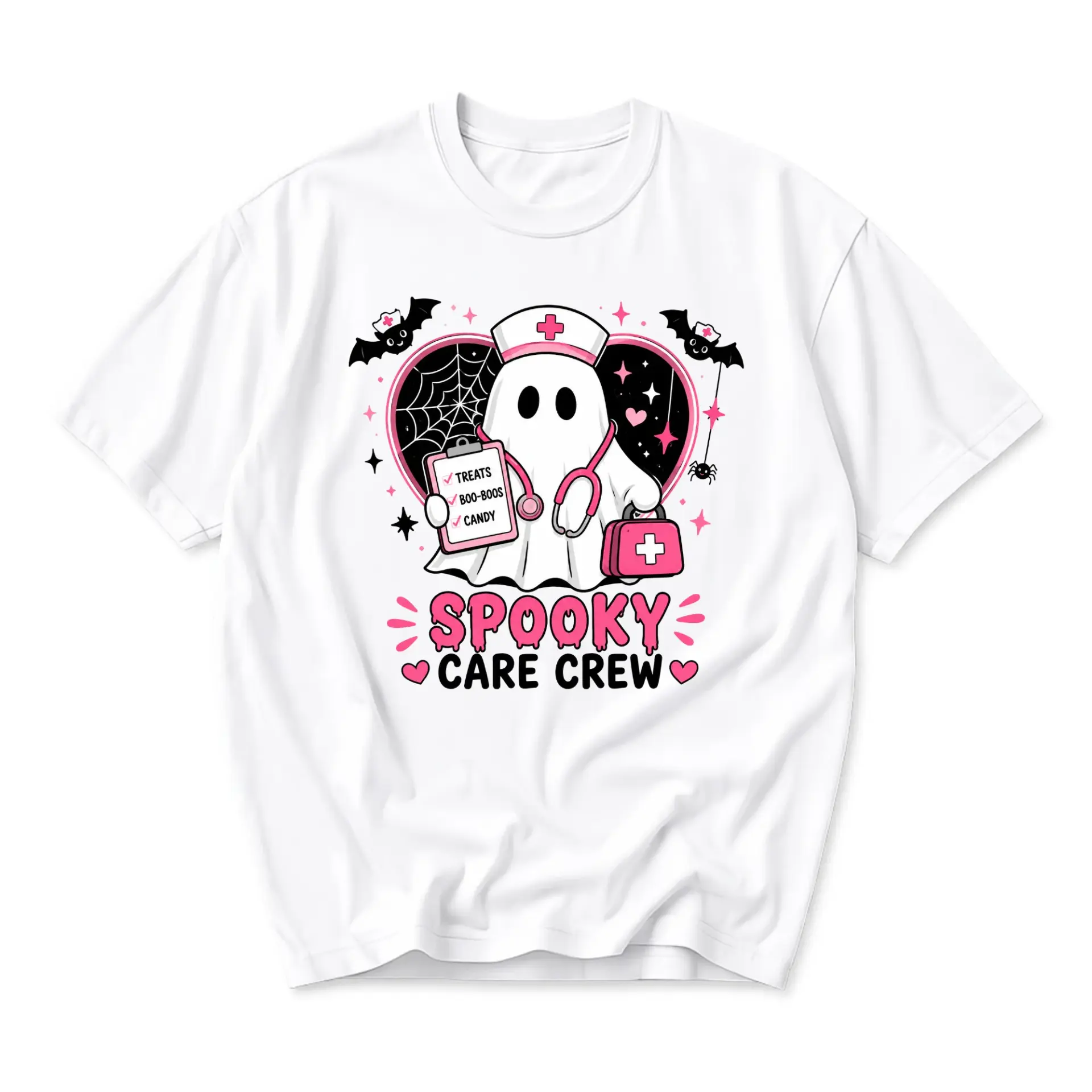 Funny Shirt Spooky Care Crew Nurse Ghost Graphic Tee Casual Unisex Crew Neck Short Sleeve Cotton Blend Apparel White