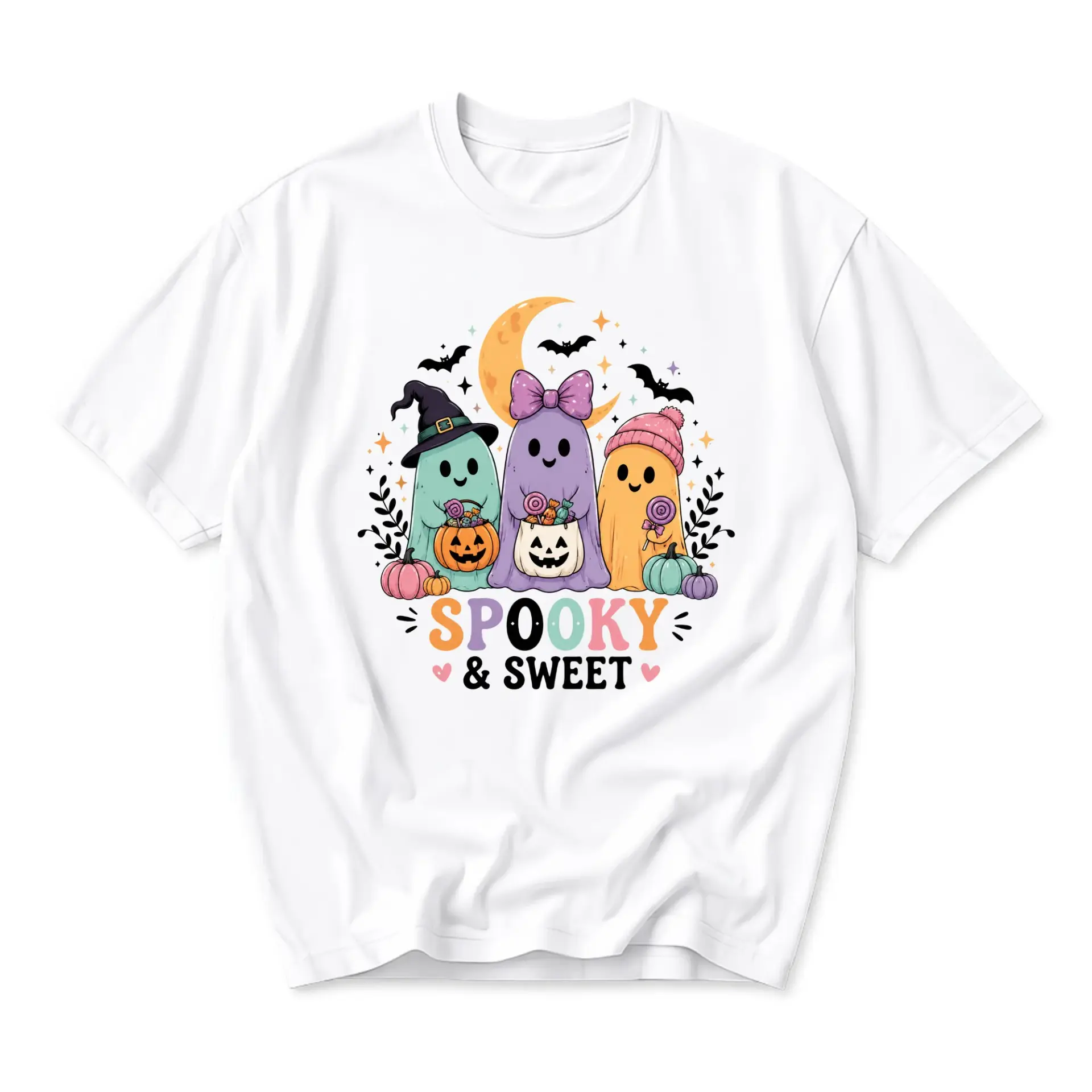 Graphic Tee Spooky and Sweet Halloween Shirt Unisex Crew Neck Short Sleeve Casual Cotton Blend Top Apparel for Adults