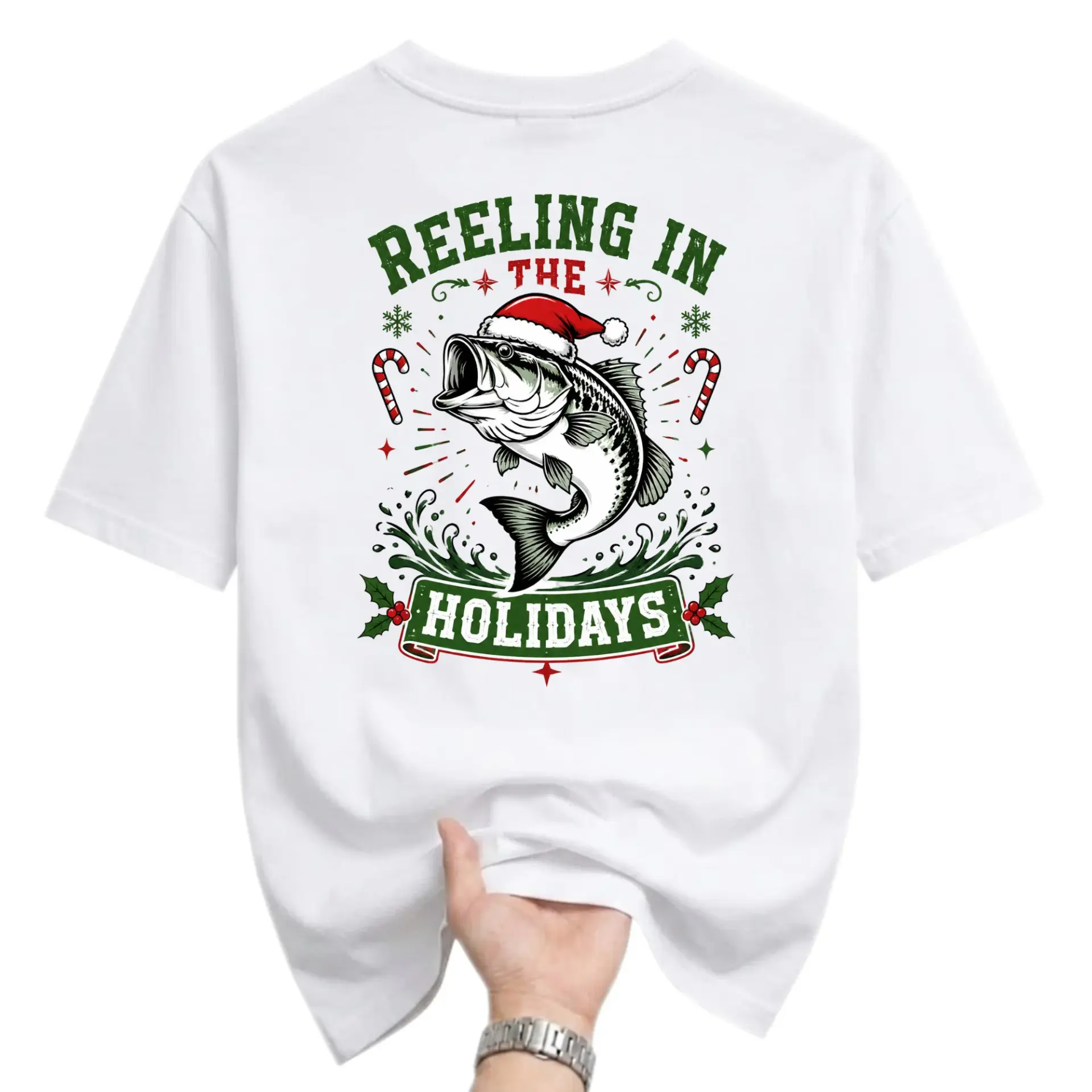 Funny Shirt Reeling in the Holidays Fishing Lover Christmas Graphic Tee