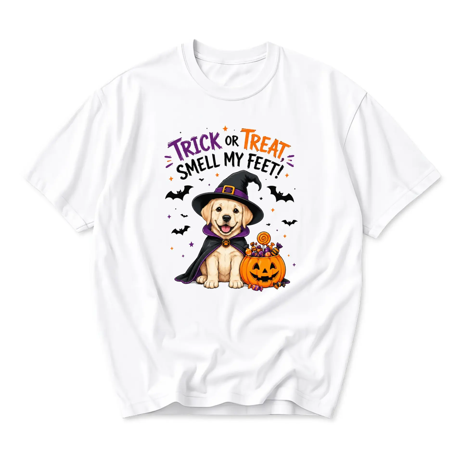 Funny Shirt Trick or Treat Halloween Dog Graphic Tee Cute Puppy Wearing Witch Hat Costume Unisex Crew Neck Cotton Top