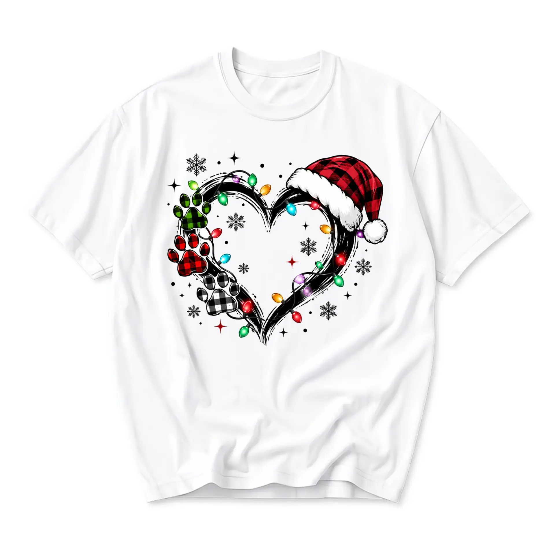 T-shirt Heart Paw Print Christmas Graphic Tee Holiday Season Casual Crew