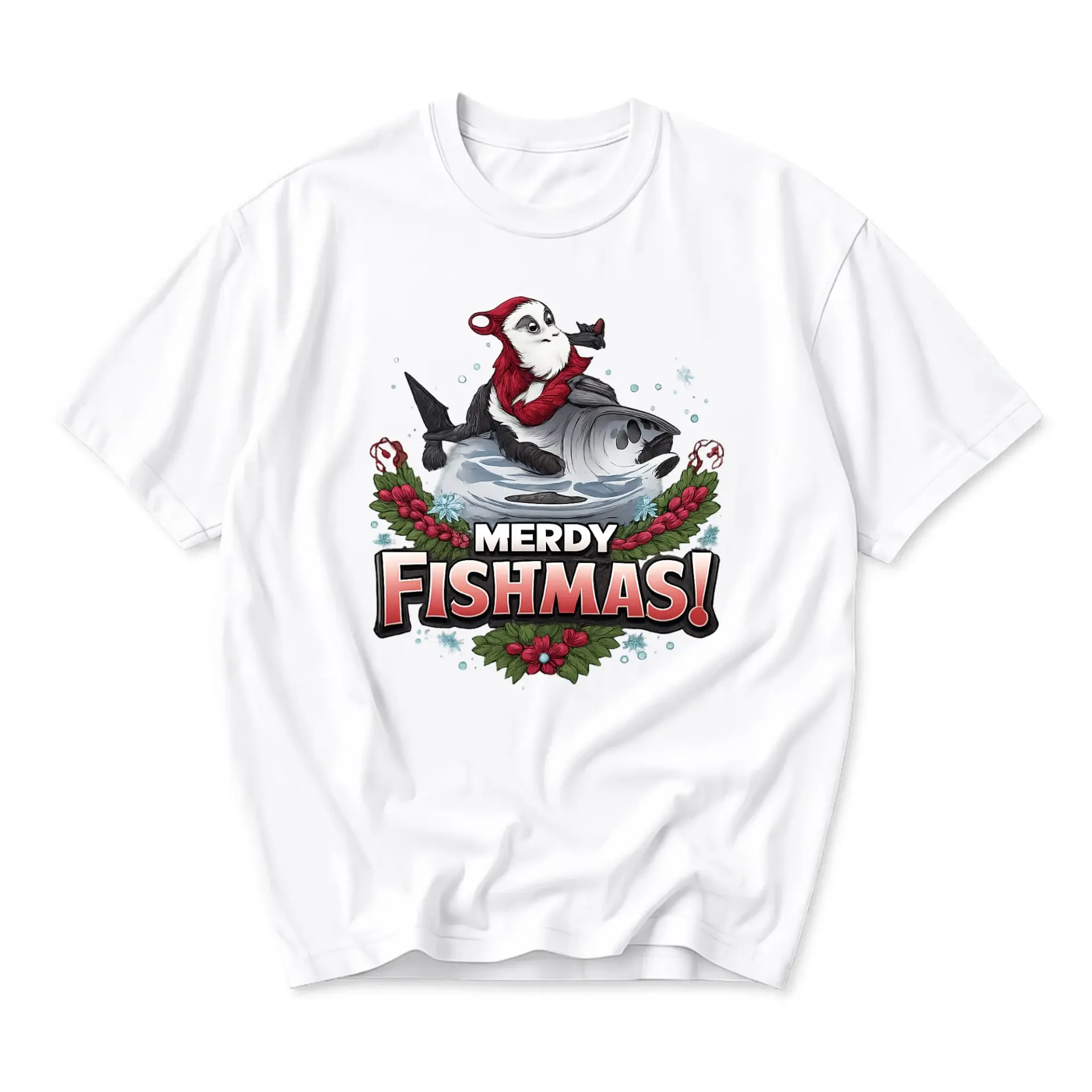 Funny Shirt Merdy Fishmas Holiday Graphic Tee Unisex Casual Apparel for Festive Season and Daily Wear White