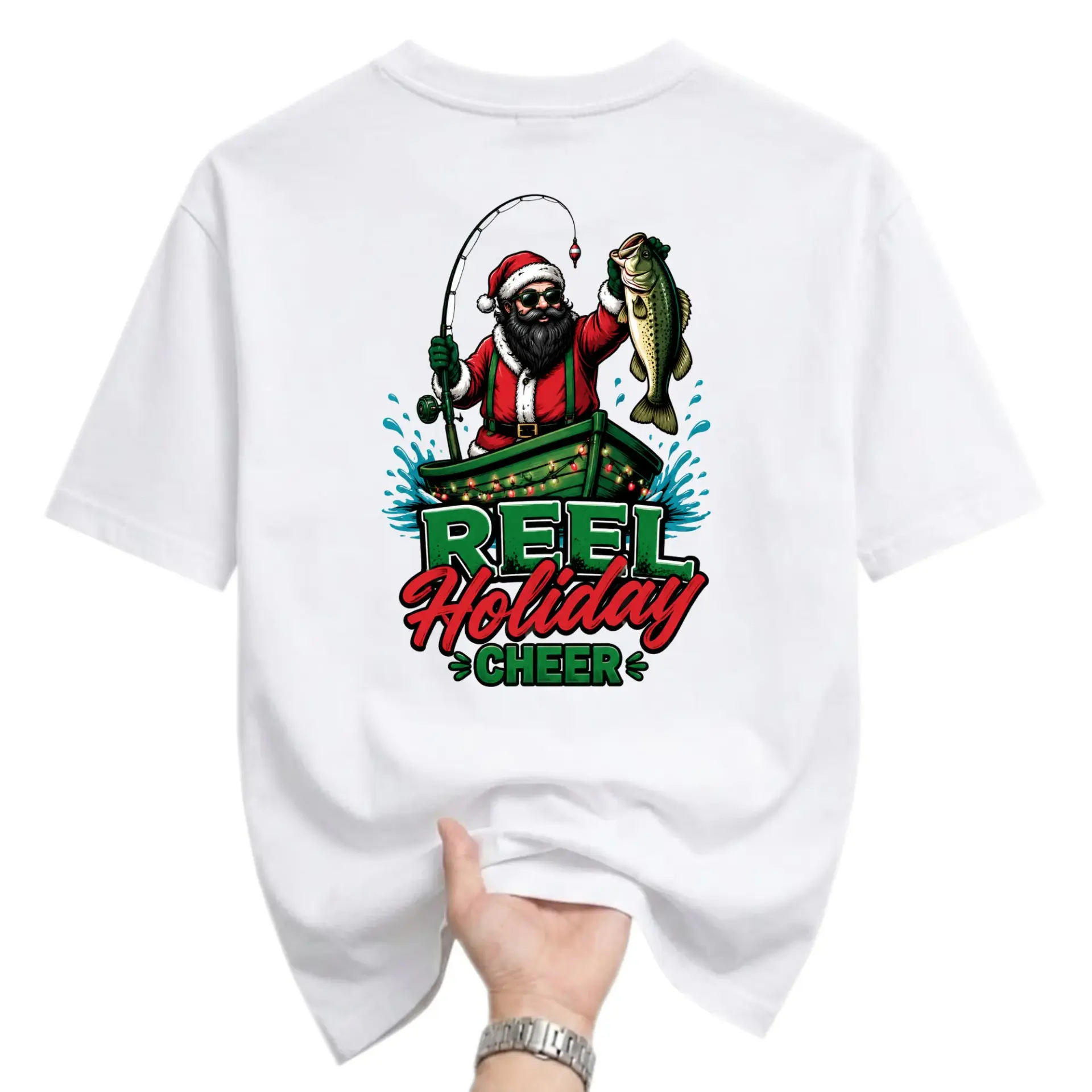 Funny Shirt Reel Holiday Cheer Fishing Santa Graphic Tee Unisex Casual Crew