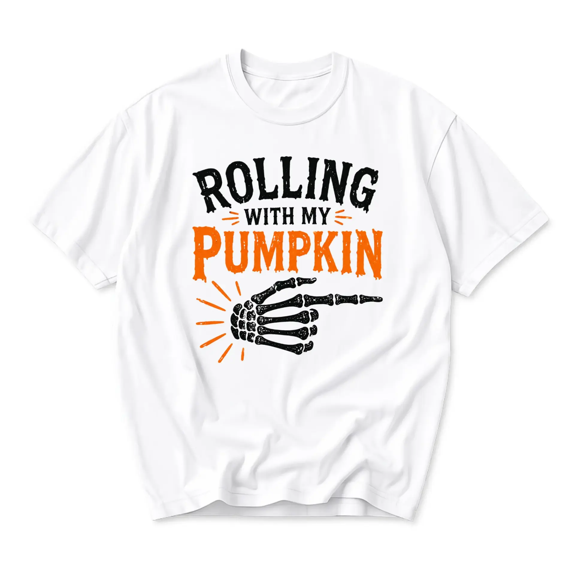 Graphic Tee Unisex Crew Neck T-Shirt Rolling with My Pumpkin Skeleton Hand Print Casual Seasonal Apparel White