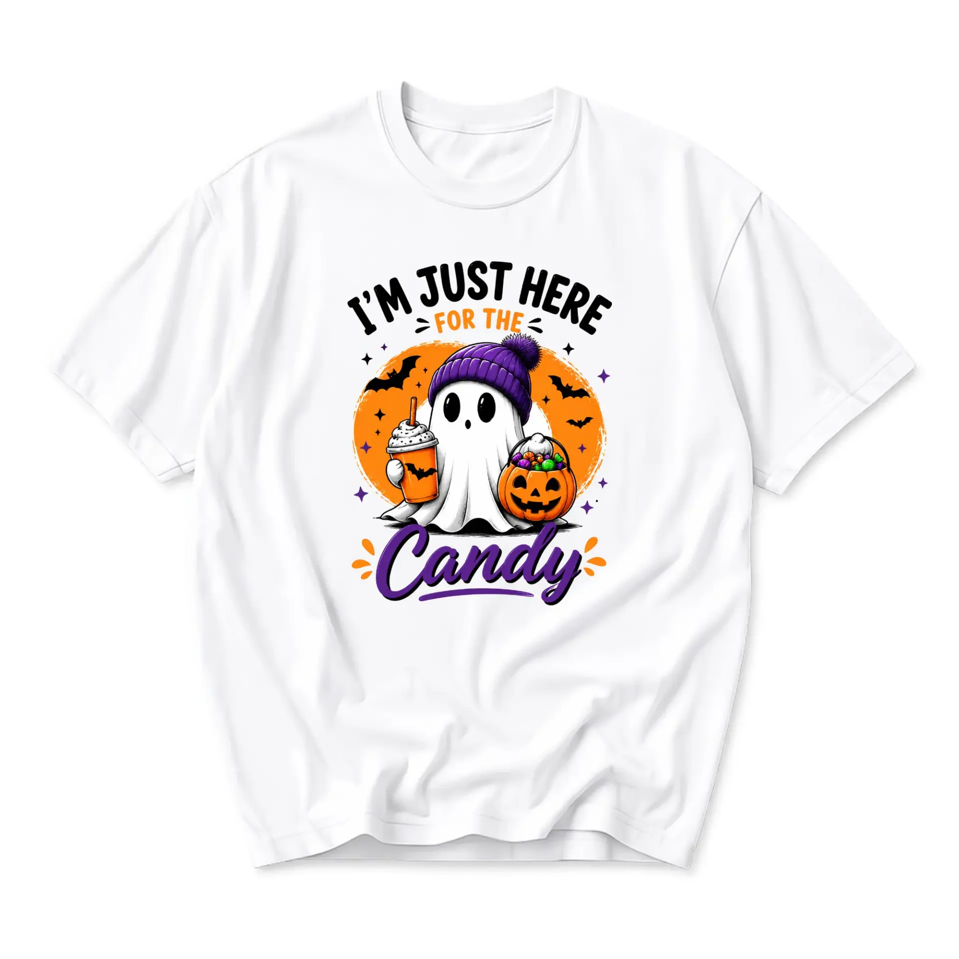 Funny Shirt I'm Just Here for the Candy Ghost Graphic Tee Unisex Casual Apparel Fall Season Humor Statement Top White