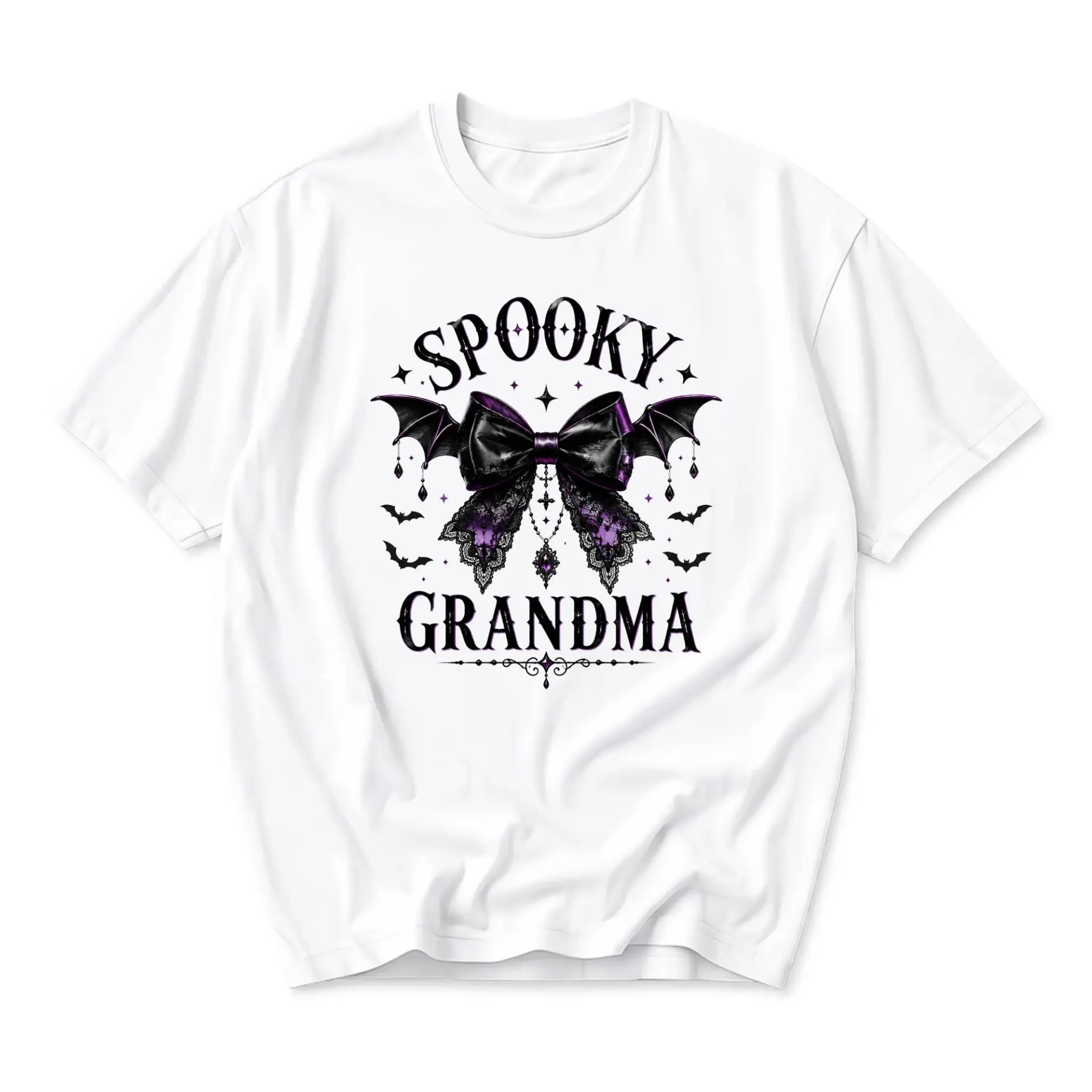 Funny Shirt Spooky Grandma Gothic Aesthetic Graphic Tee Bat Bow Design Unisex Crew Neck Casual Cotton Blend Top