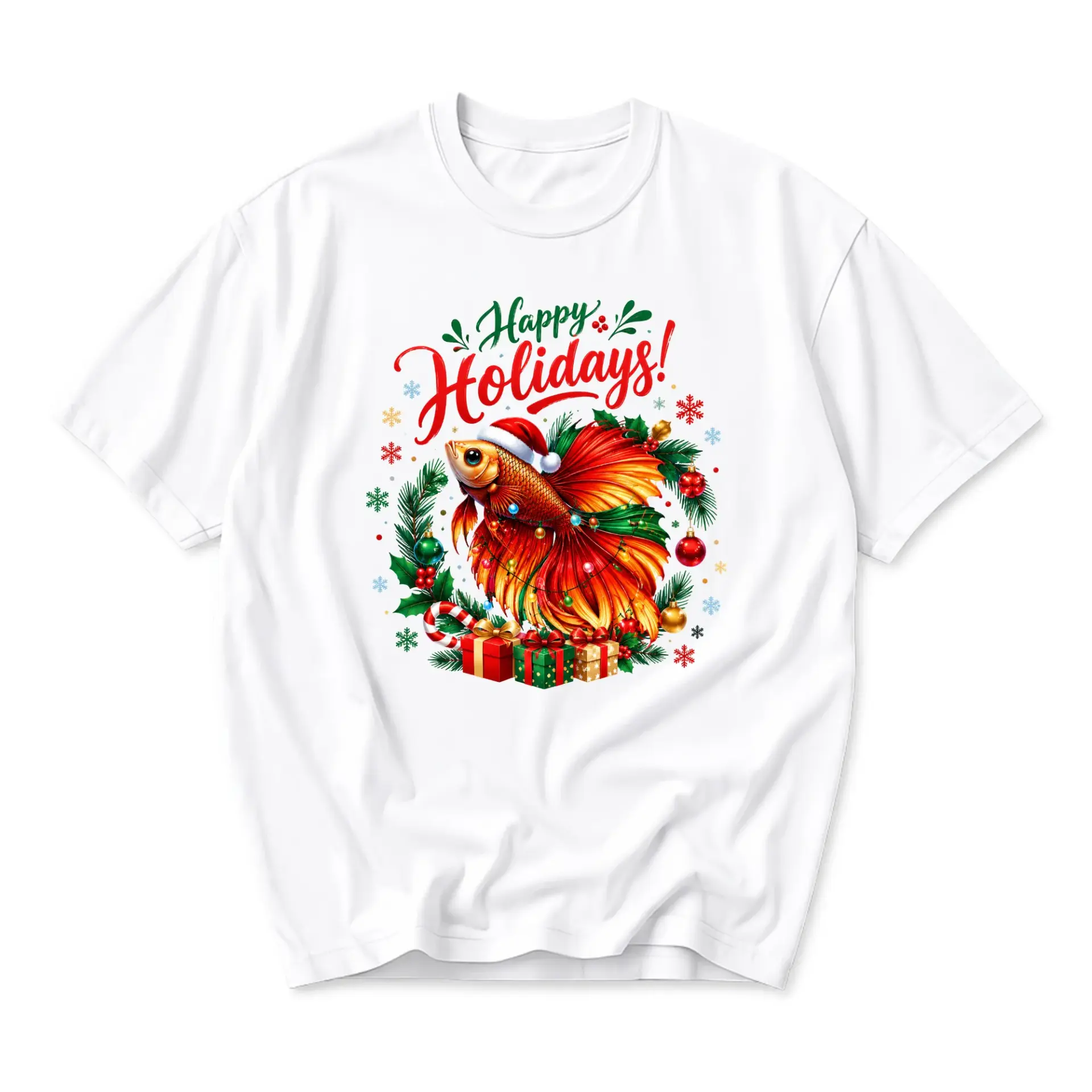 Graphic Tee Happy Holidays Festive Betta Fish Unisex Crew Neck Short Sleeve
