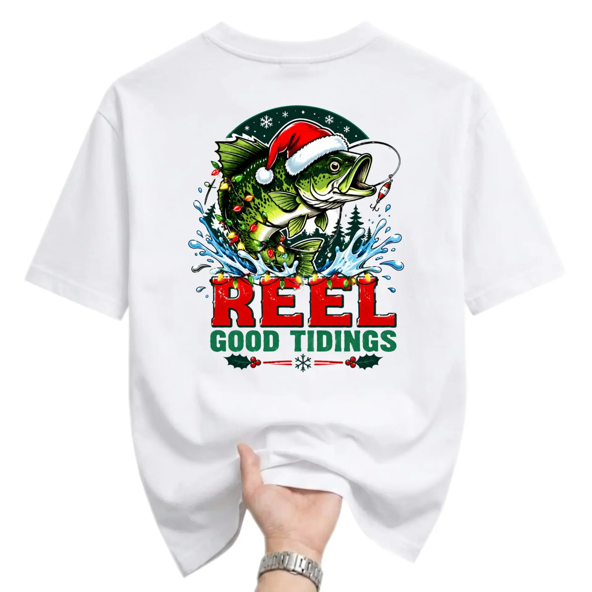 Funny Shirt Reel Good Tidings Christmas Fishing Graphic Tee Unisex Casual Holiday Crew Neck Apparel for Outdoor Fans