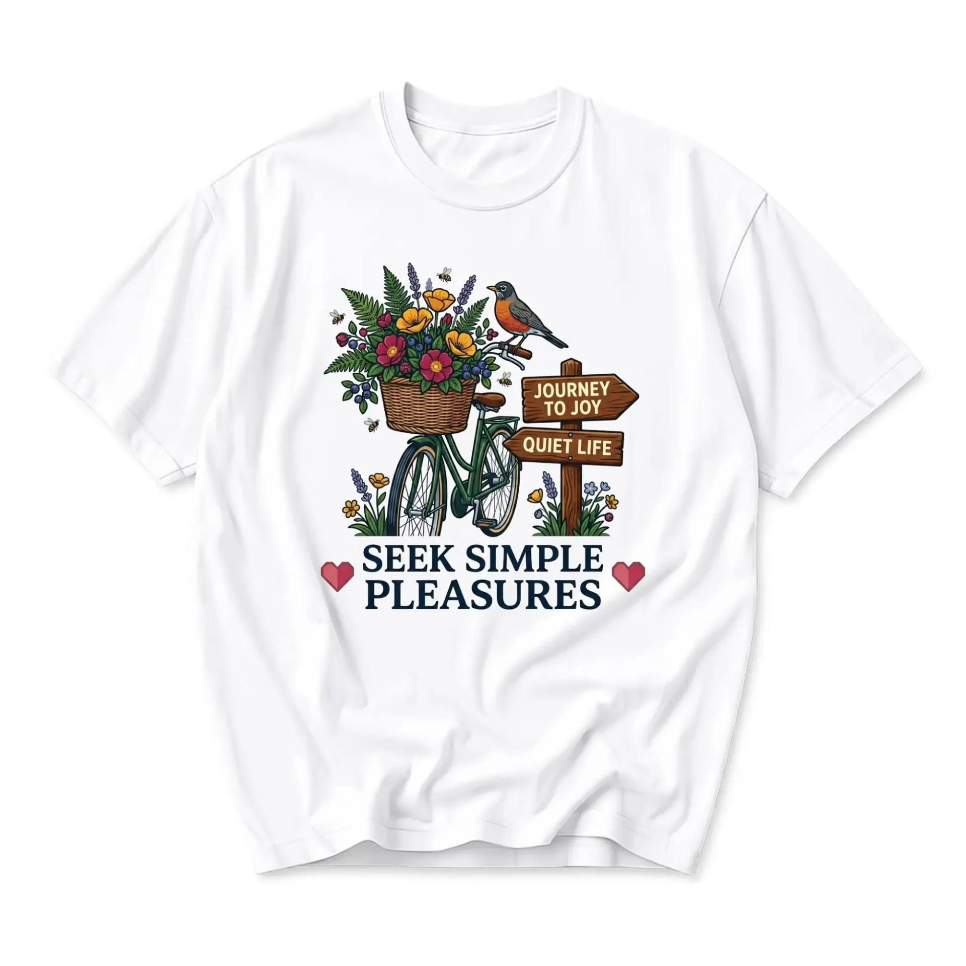 Graphic Tee Seek Simple Pleasures Bicycle Floral Illustration Unisex Crew Neck Comfortable Everyday Casual Cotton Shirt