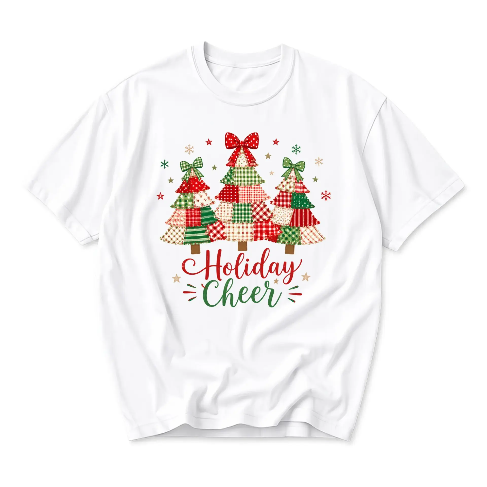 Graphic Tee Holiday Cheer Patchwork Christmas Trees Unisex Short Sleeve