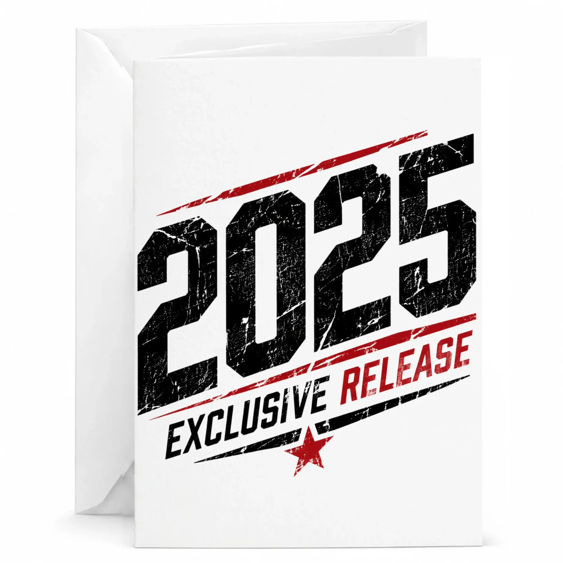 Greeting Card for 2025 Exclusive Release Modern Typography Design with Bold Distressed Lettering and Red Accent Star