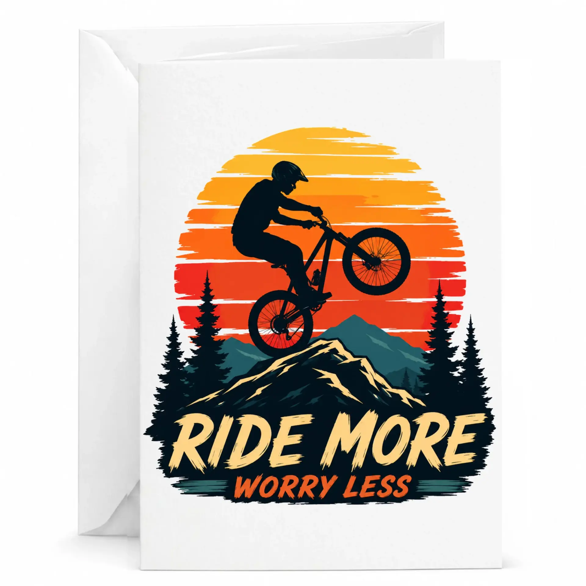 Mountain Biker Greeting Card Featuring Retro Sunset Outdoor Graphic and Inspirational Ride More Worry Less Quote