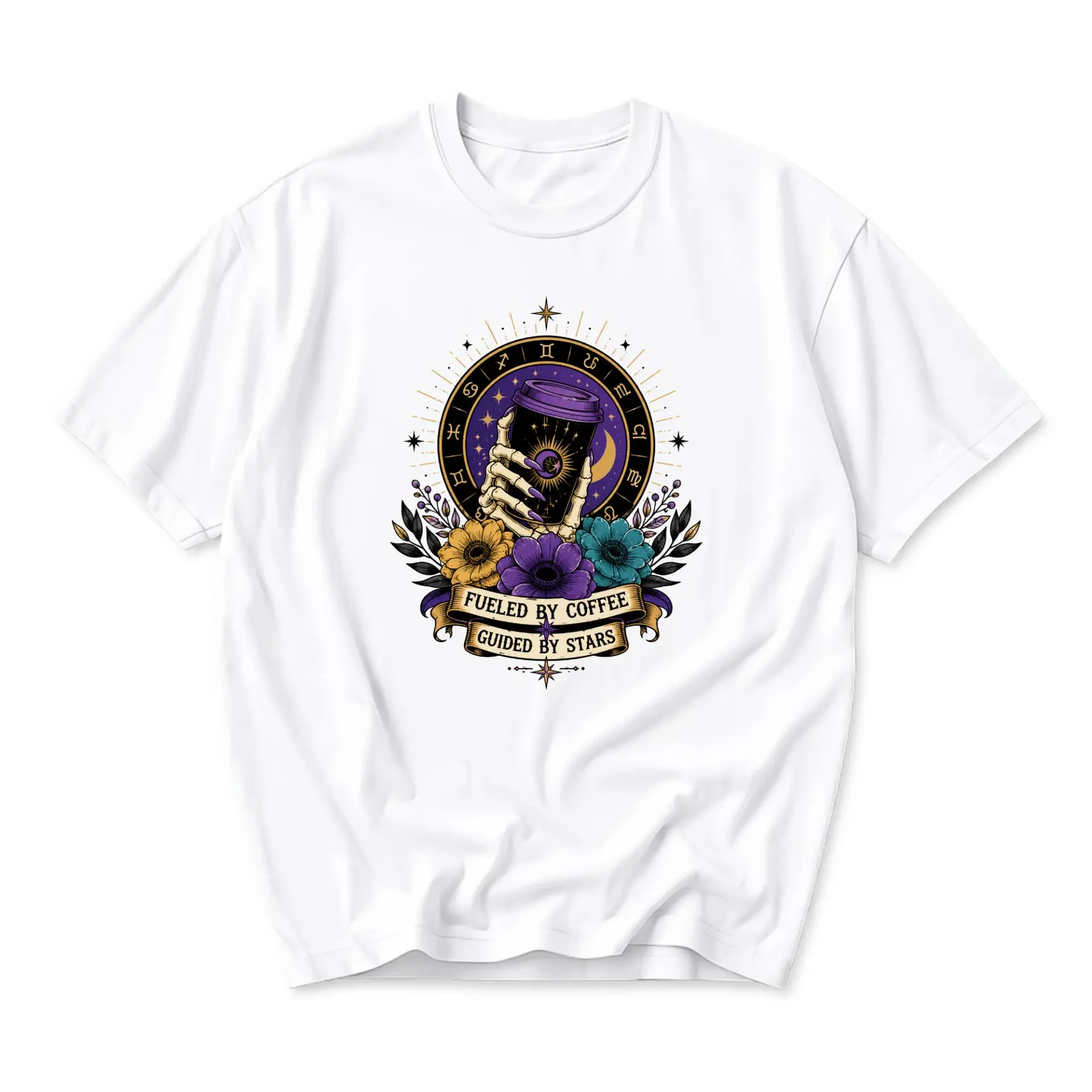 T-shirt Fueled by Coffee Guided by Stars Celestial Astrology Graphic Tee Casual Unisex Short Sleeve Crew Neck Top