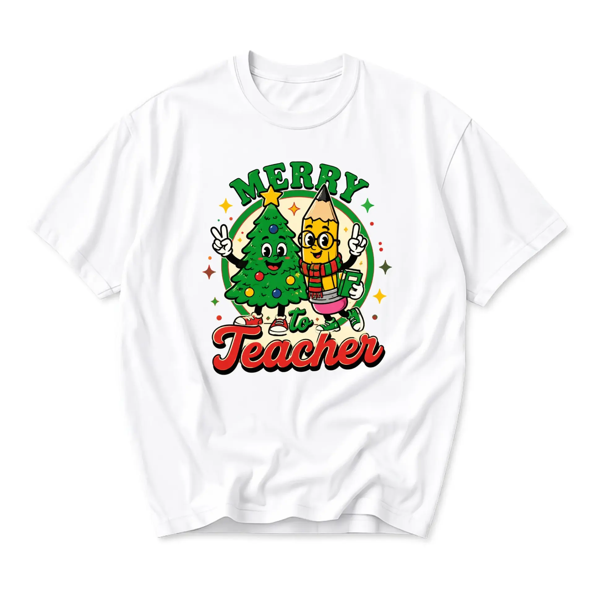 Graphic Tee Unisex Crew Neck Short Sleeve Shirt Merry to Teacher Festive Holiday Tree Pencil Illustration Print