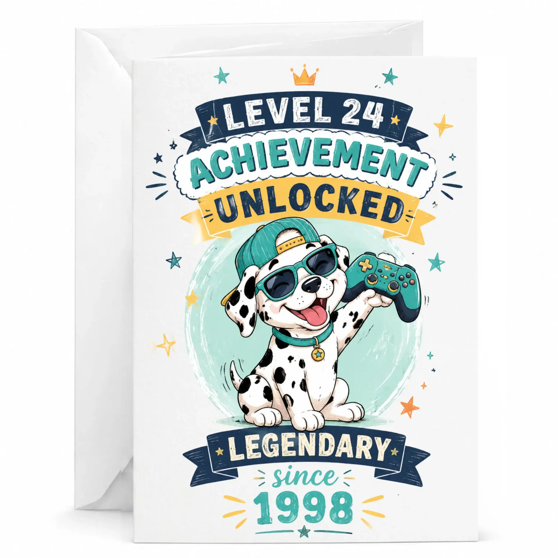 Funny Birthday Card Level 24 Achievement Unlocked Gaming Theme Retro Dalmatian Gamer Design for Any Occasion