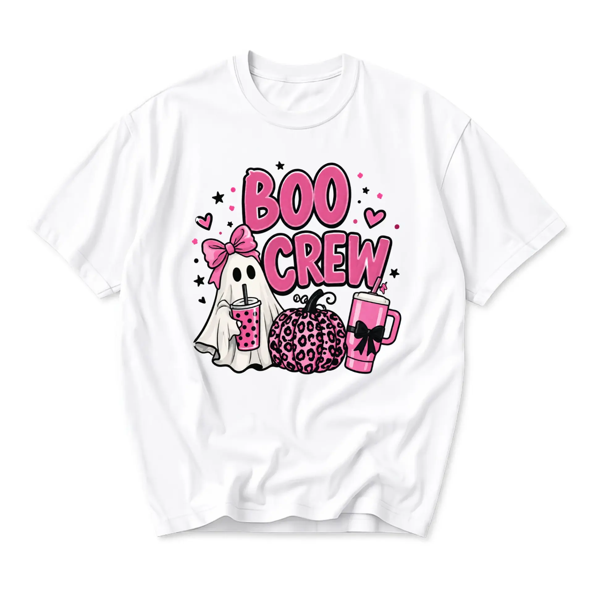 Funny Shirt Boo Crew Graphic Tee Pink Aesthetic Ghost Pumpkin Print Casual Unisex Short Sleeve Crew Neck Top