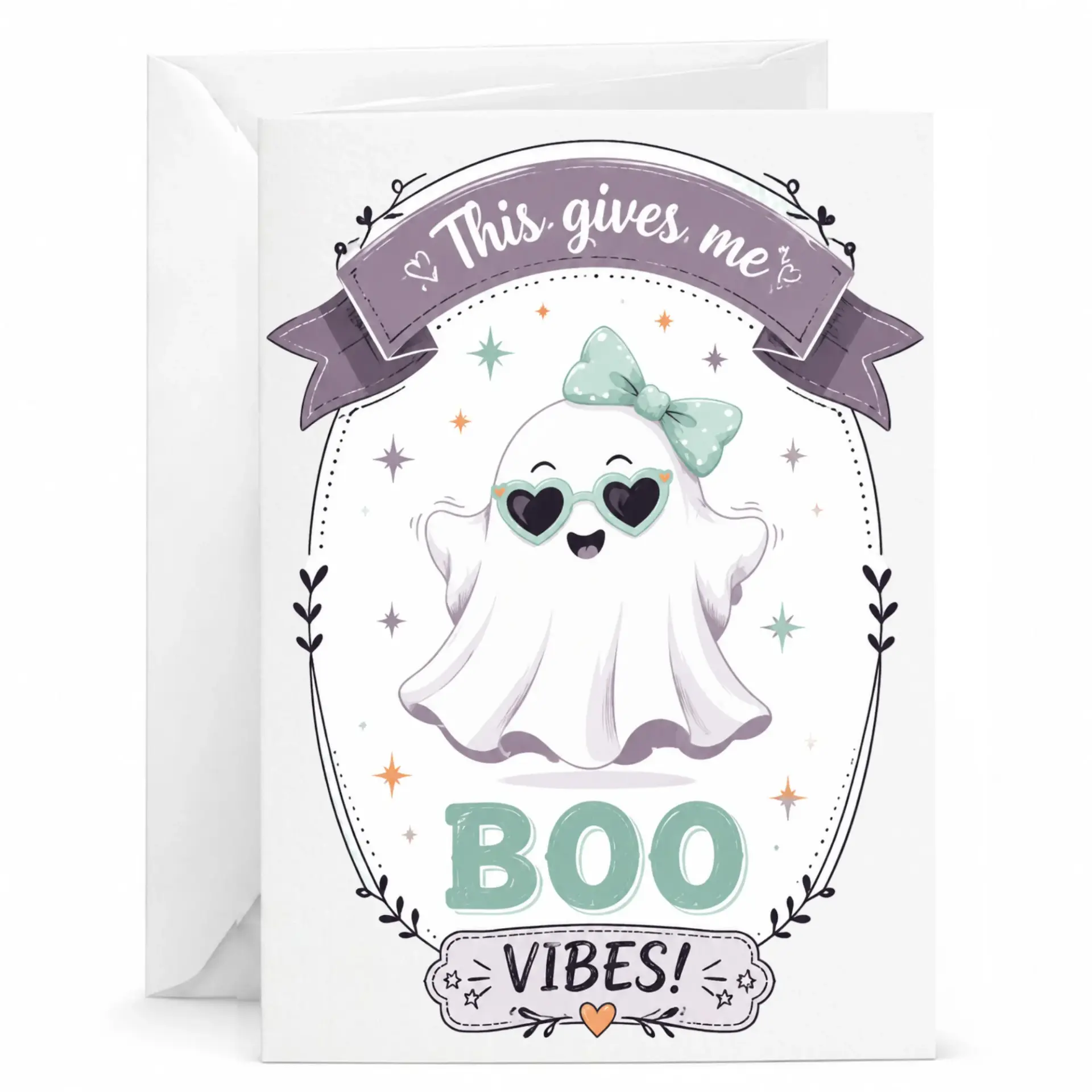 Funny Boo Vibes Greeting Card with Matching Envelope Cute Illustration Note for Birthdays and Anniversaries